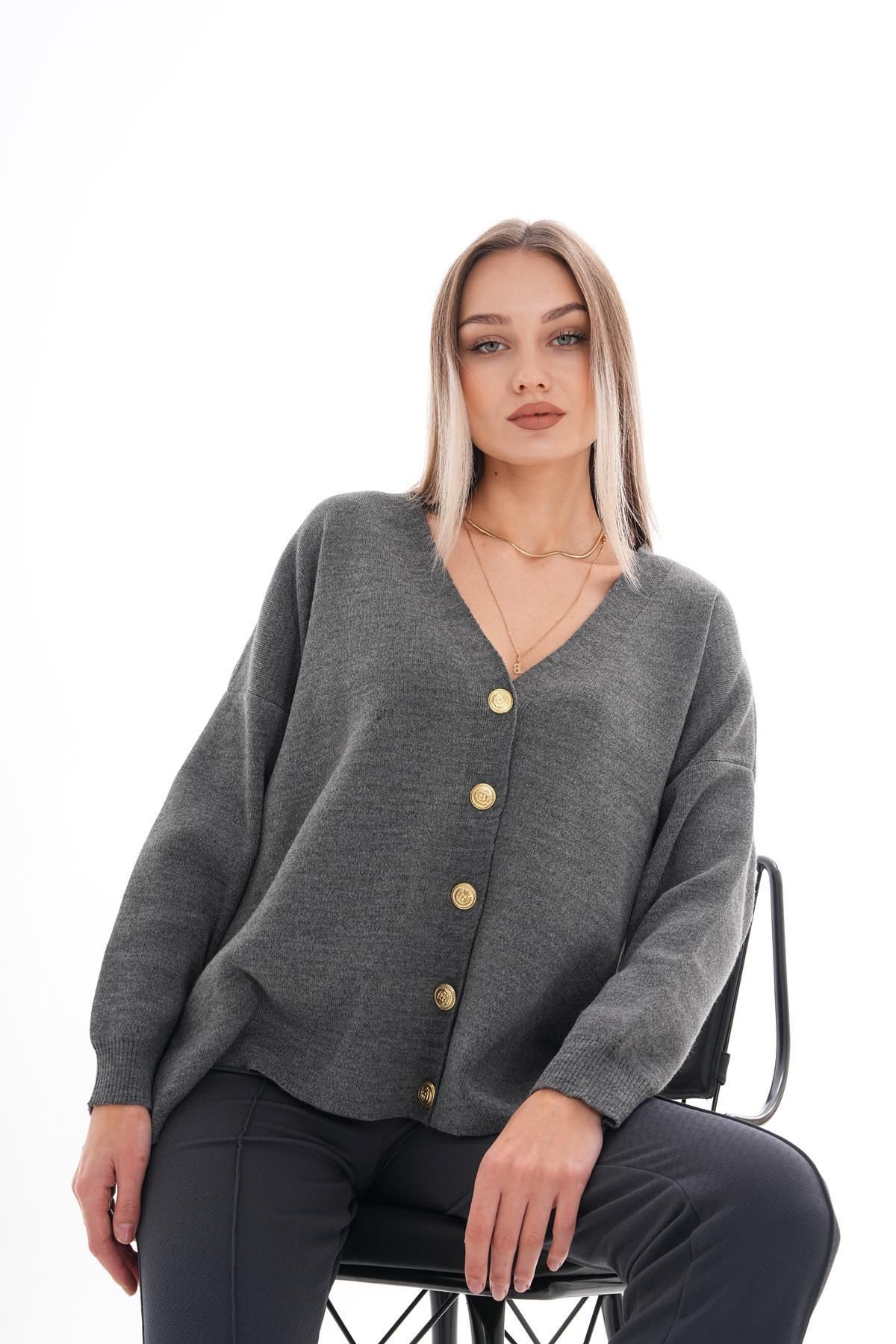 ŞİMAL-Women's Button Closure Knitwear Knitted Loose Cardigan 245400   - 1