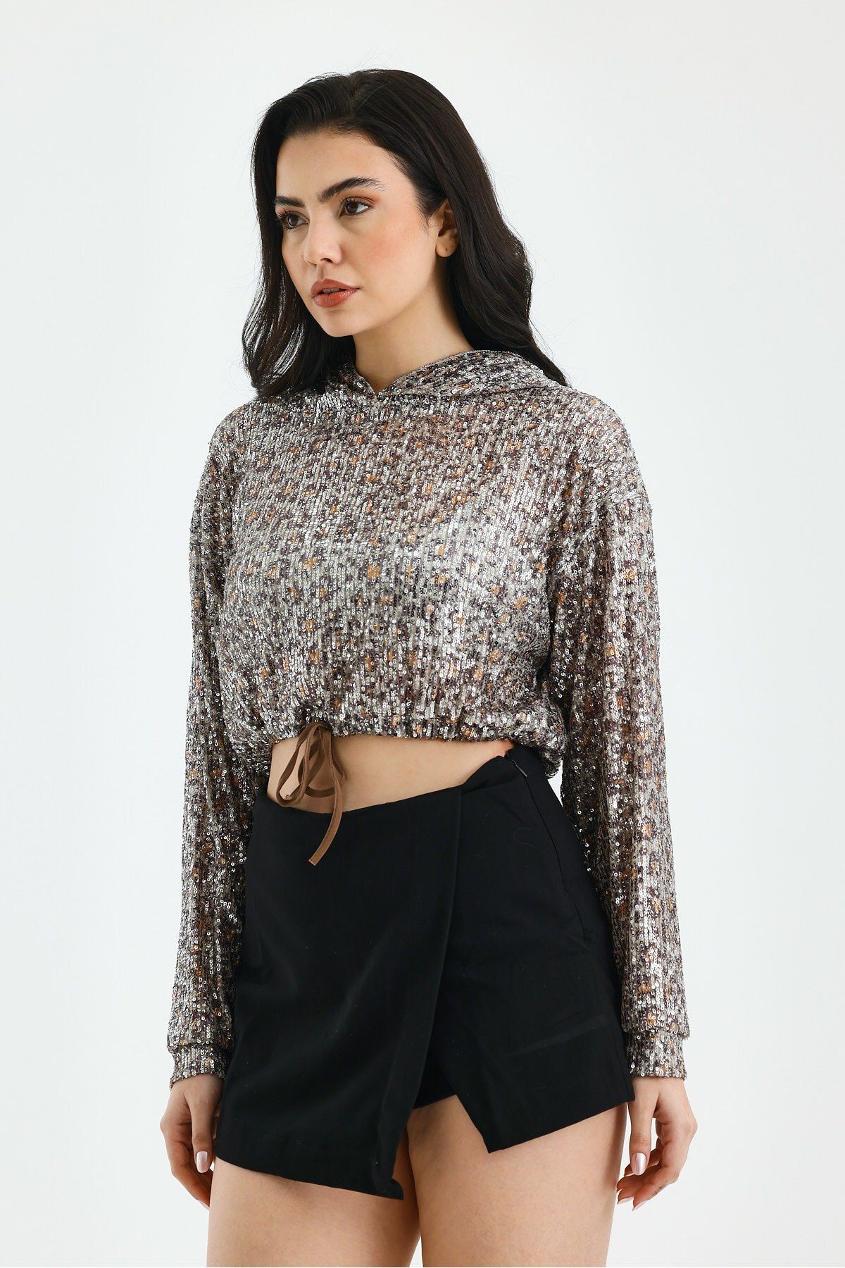 soBasic-Μακρυμάνικη μπλούζα με κουκούλα Leopard Pattern Sequin Fabric-L - Leopard 4