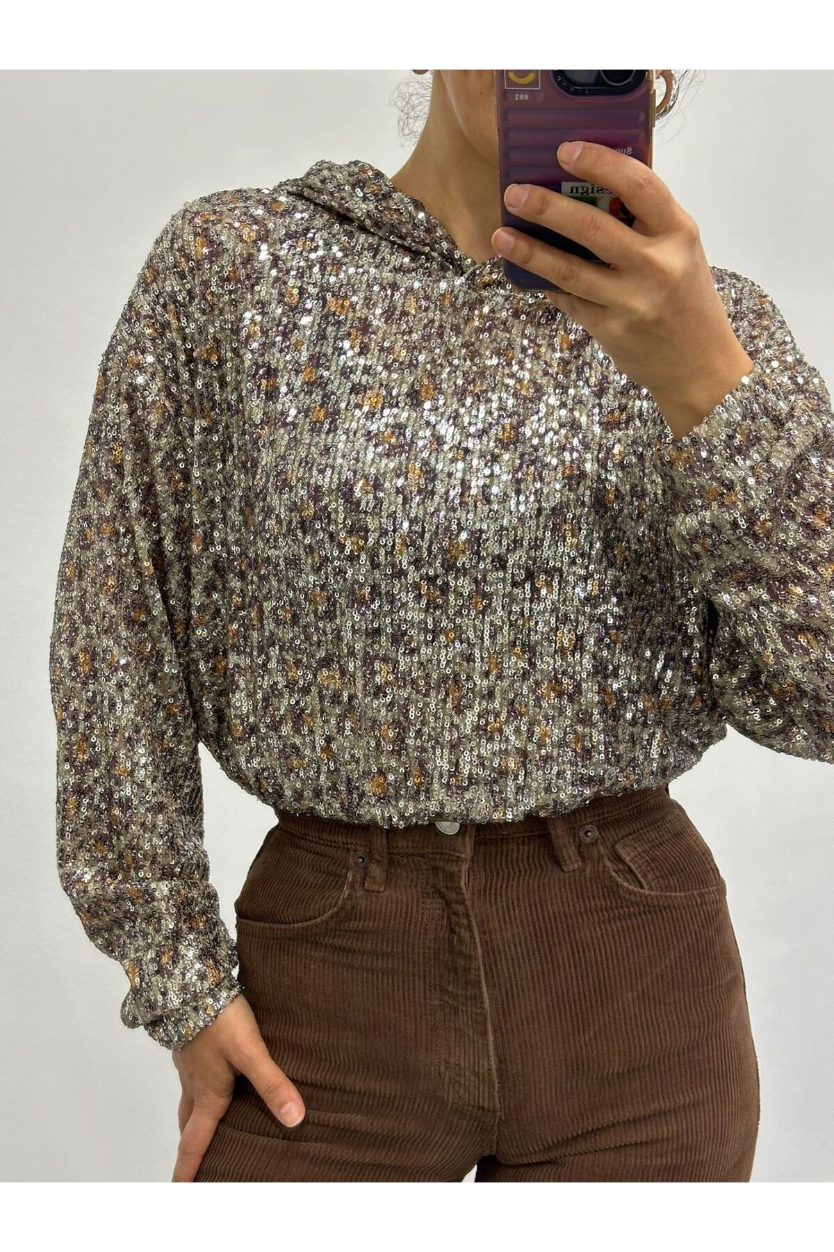 soBasic-Μακρυμάνικη μπλούζα με κουκούλα Leopard Pattern Sequin Fabric-L - Leopard 1