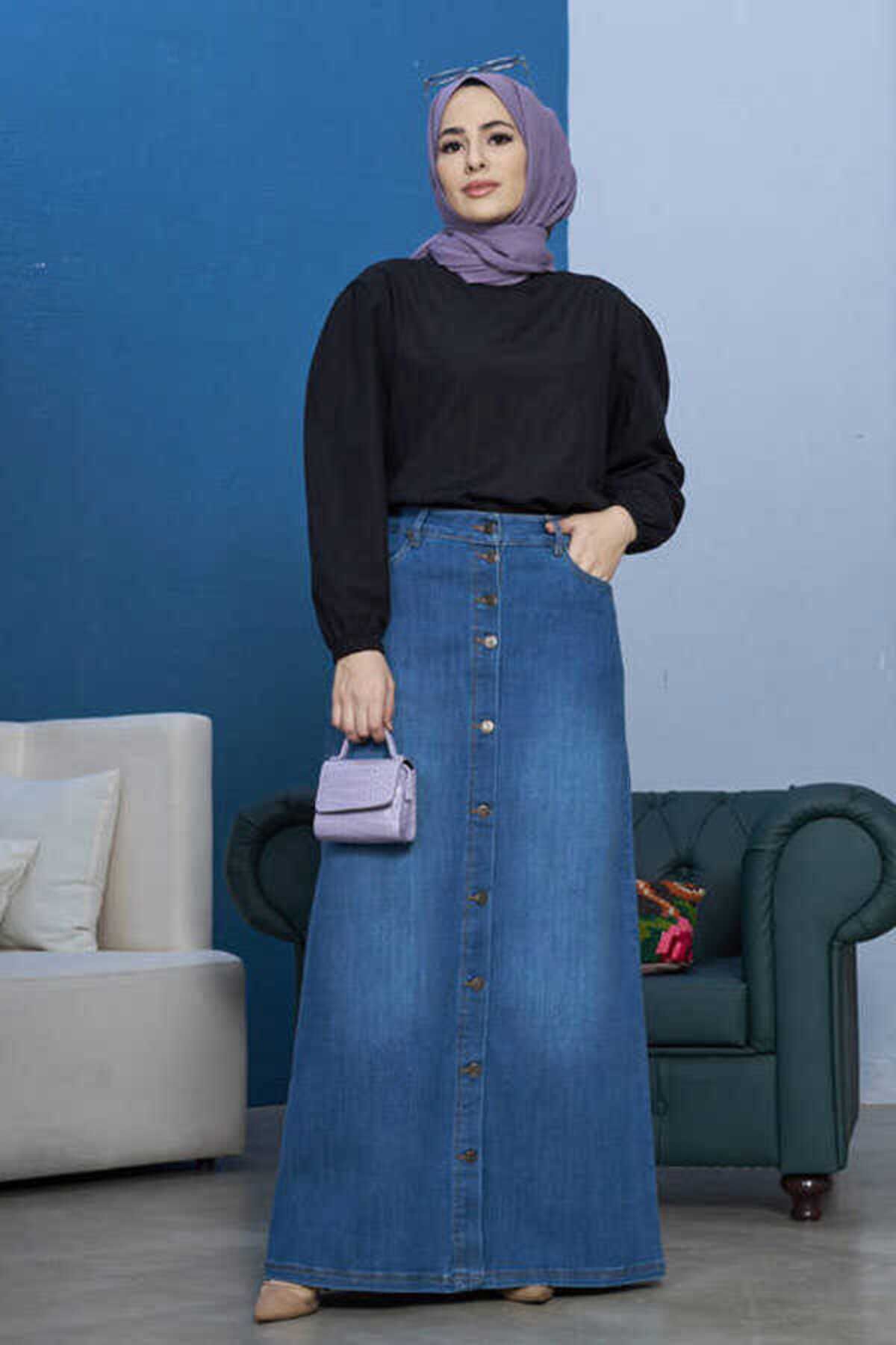 Neways-2079-Denim Dark Blue Buttoned Skirt 1