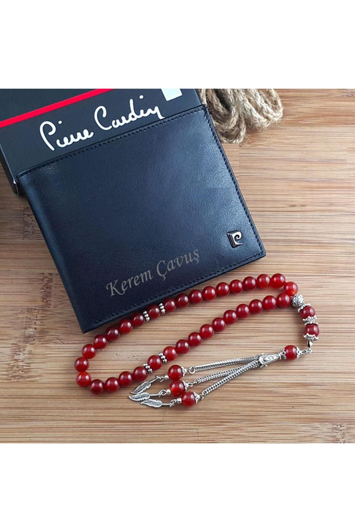 ست کیف پول مردانه و منجوق دعای عقیق چرم شخصی Pierre Cardin