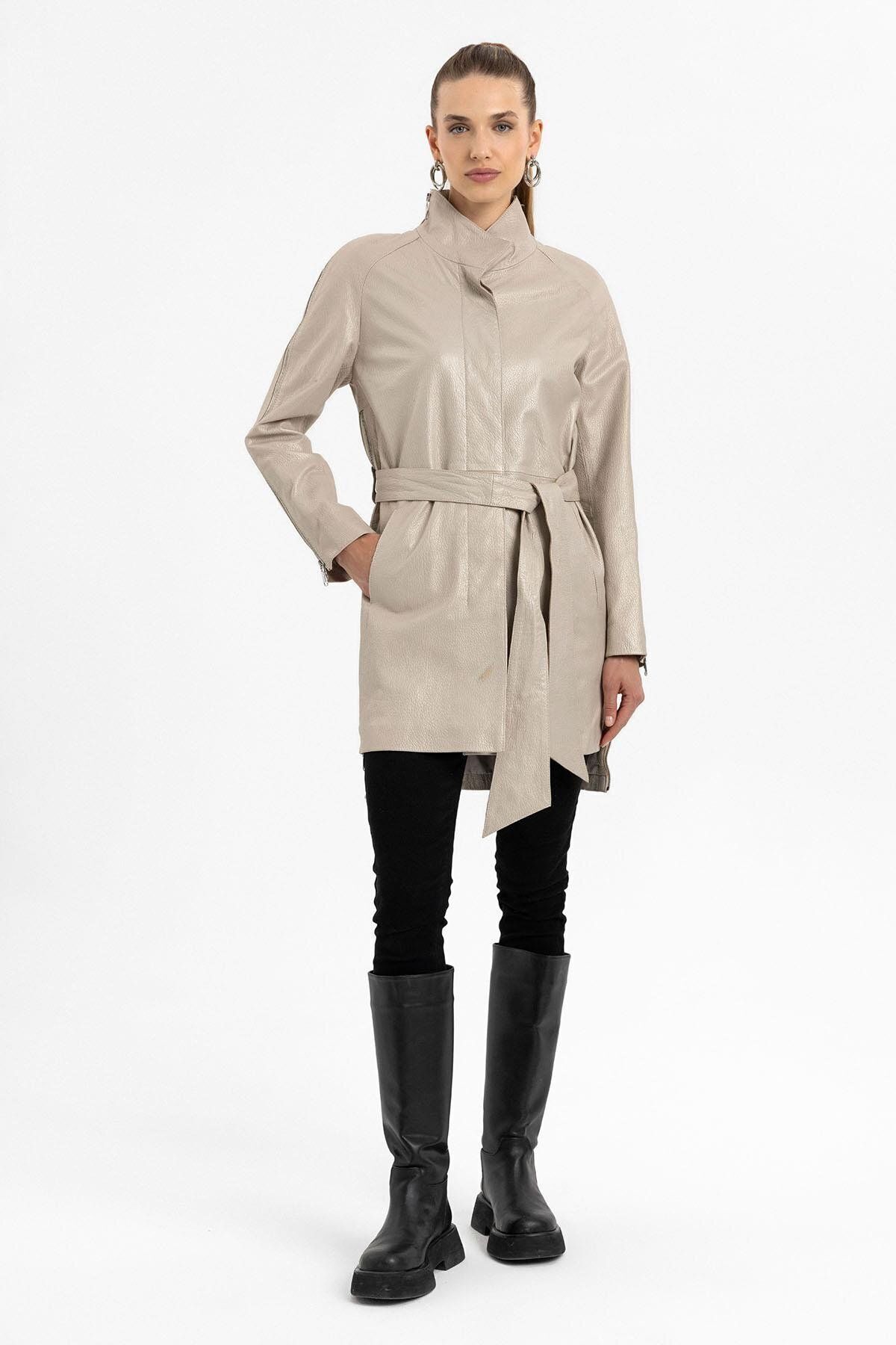 Deriderim-Loden Beige Women's Genuine Leather Coat with Zippered Sleeves and Lining on the Sides 3