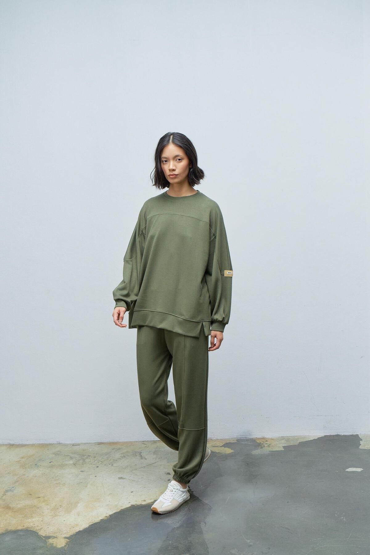 Basicpark-Khaki Women's Jogger Pants and Sleeves Label Detailed Modal Bottom Top Set 3