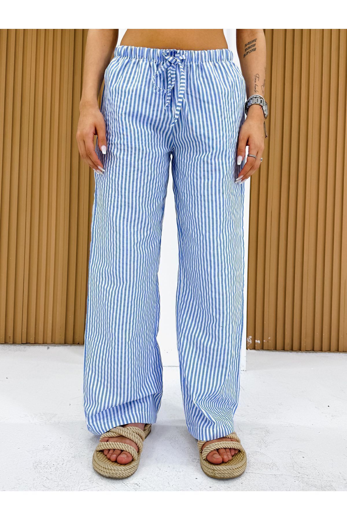 King Brothers-Women's Blue Striped Pajama Bottoms - Low Waist and Pockets 5