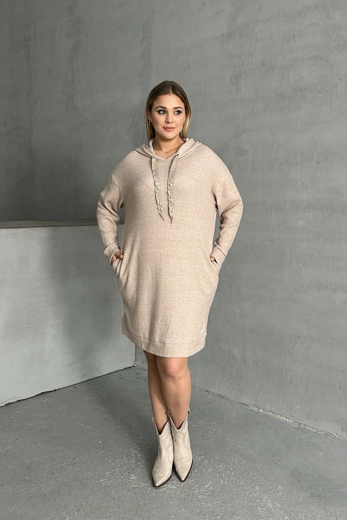 Stil Diva-Hooded Bead Embroidered Plus Size Sweat Dress - with Pockets 301801 4