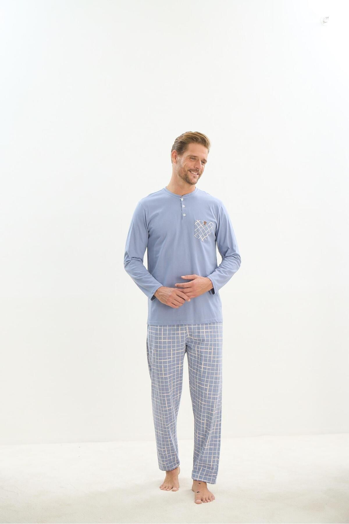 Sevim-Men's Long Sleeve 100% Cotton Blue Pajamas Set 9516 2