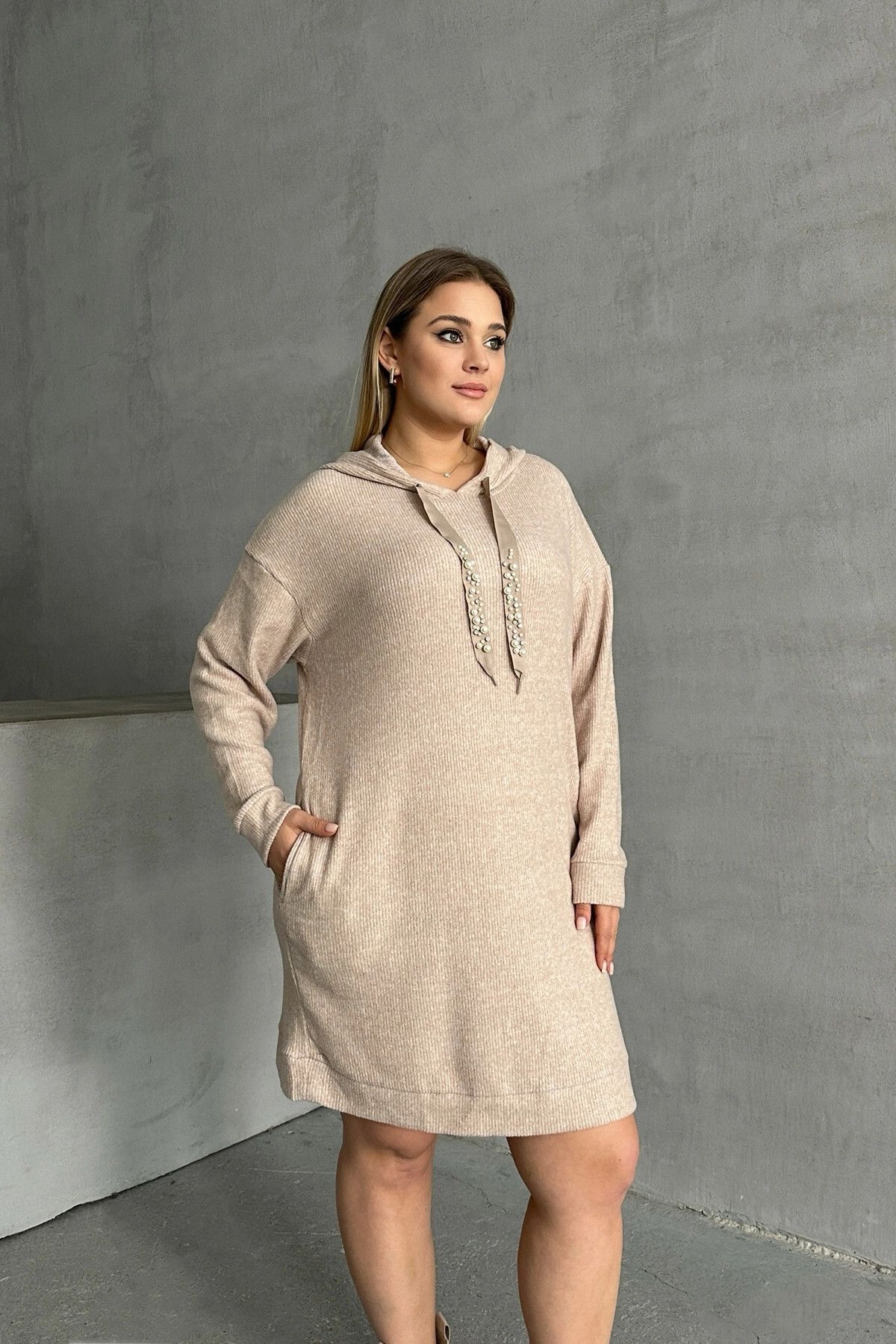 Stil Diva-Hooded Bead Embroidered Plus Size Sweat Dress - with Pockets 301801 5