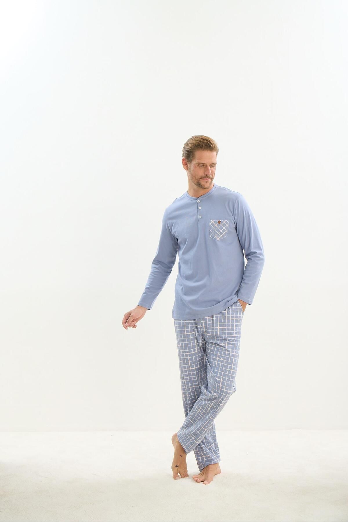 Sevim-Men's Long Sleeve 100% Cotton Blue Pajamas Set 9516 3