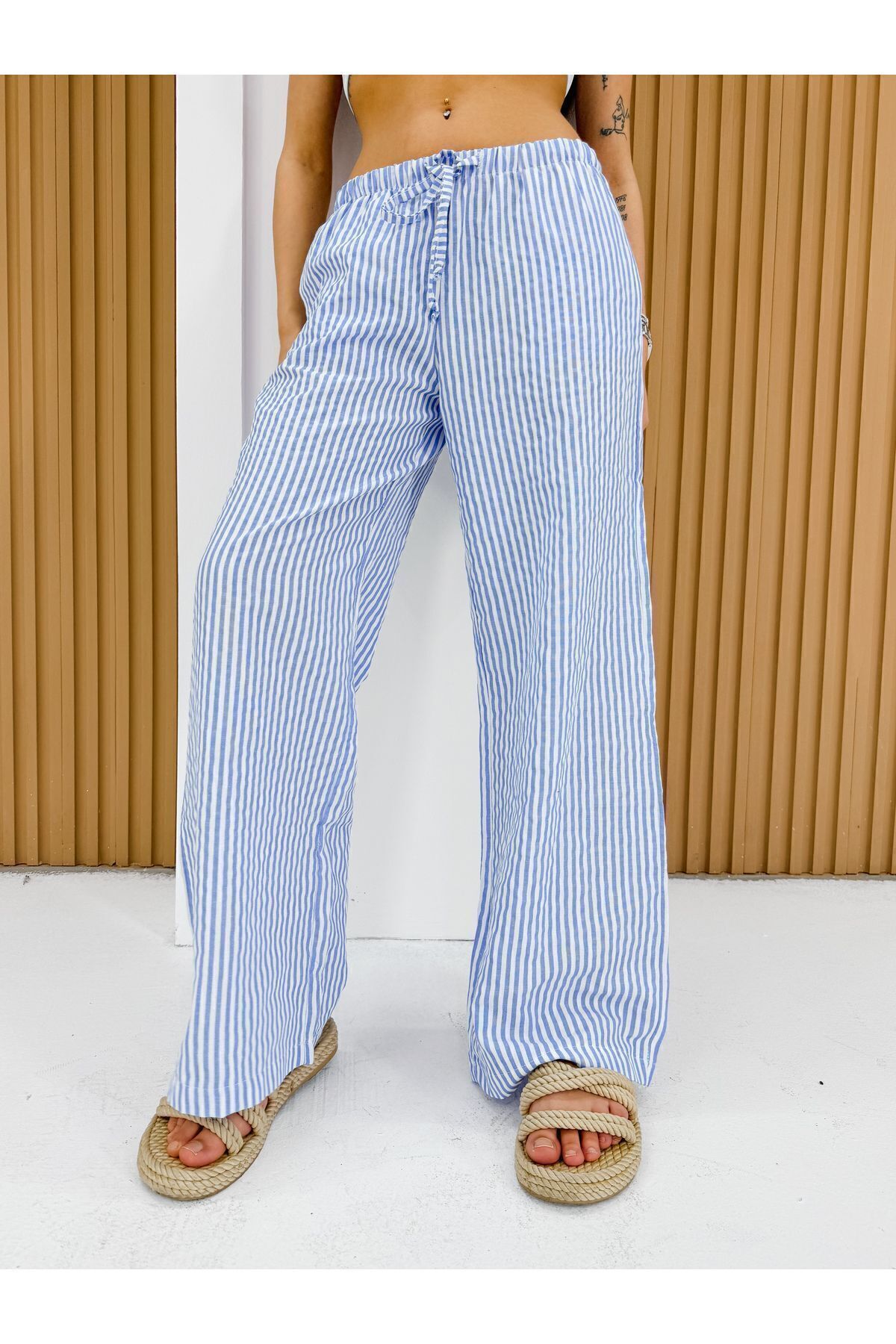 King Brothers-Women's Blue Striped Pajama Bottoms - Low Waist and Pockets 7