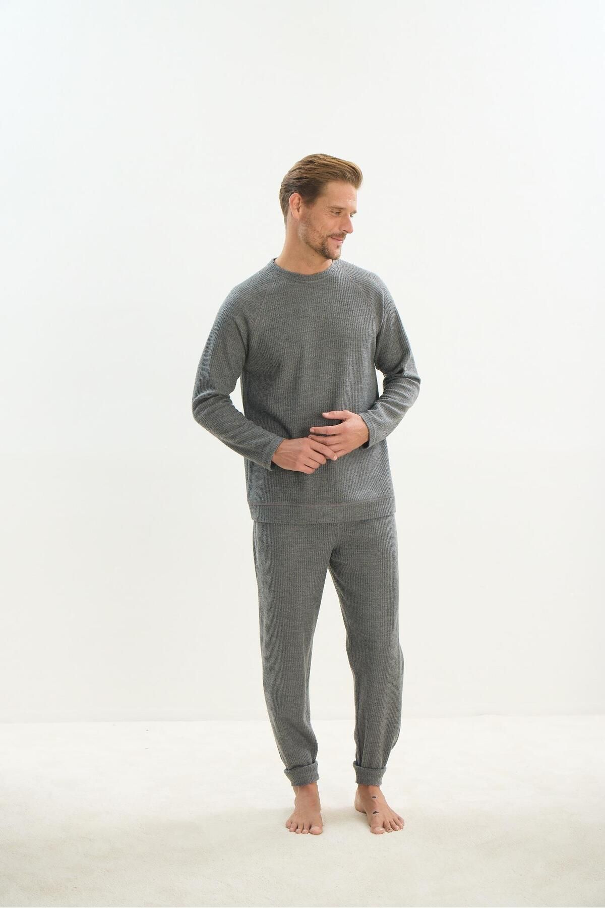 Sevim-Men's Long Sleeve Anthracite Pajamas Suit C0T4N5O9 3