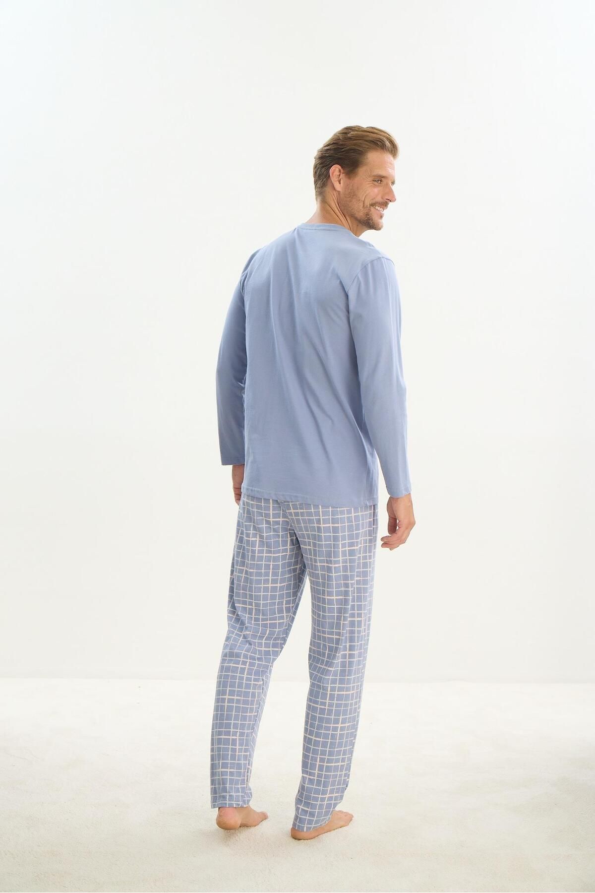 Sevim-Men's Long Sleeve 100% Cotton Blue Pajamas Set 9516 5