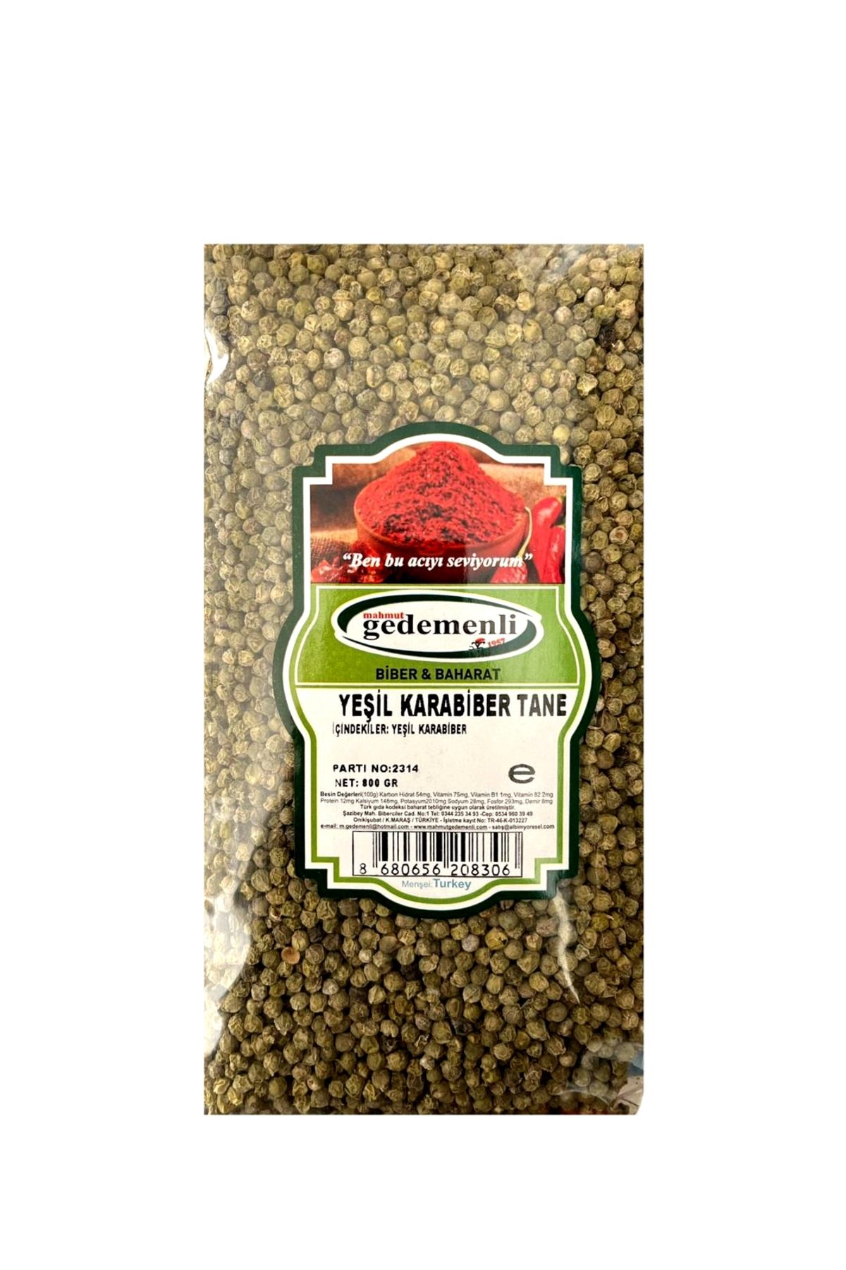 GEDEMENLİ YEŞİL KARABİBER TANE 800 GR