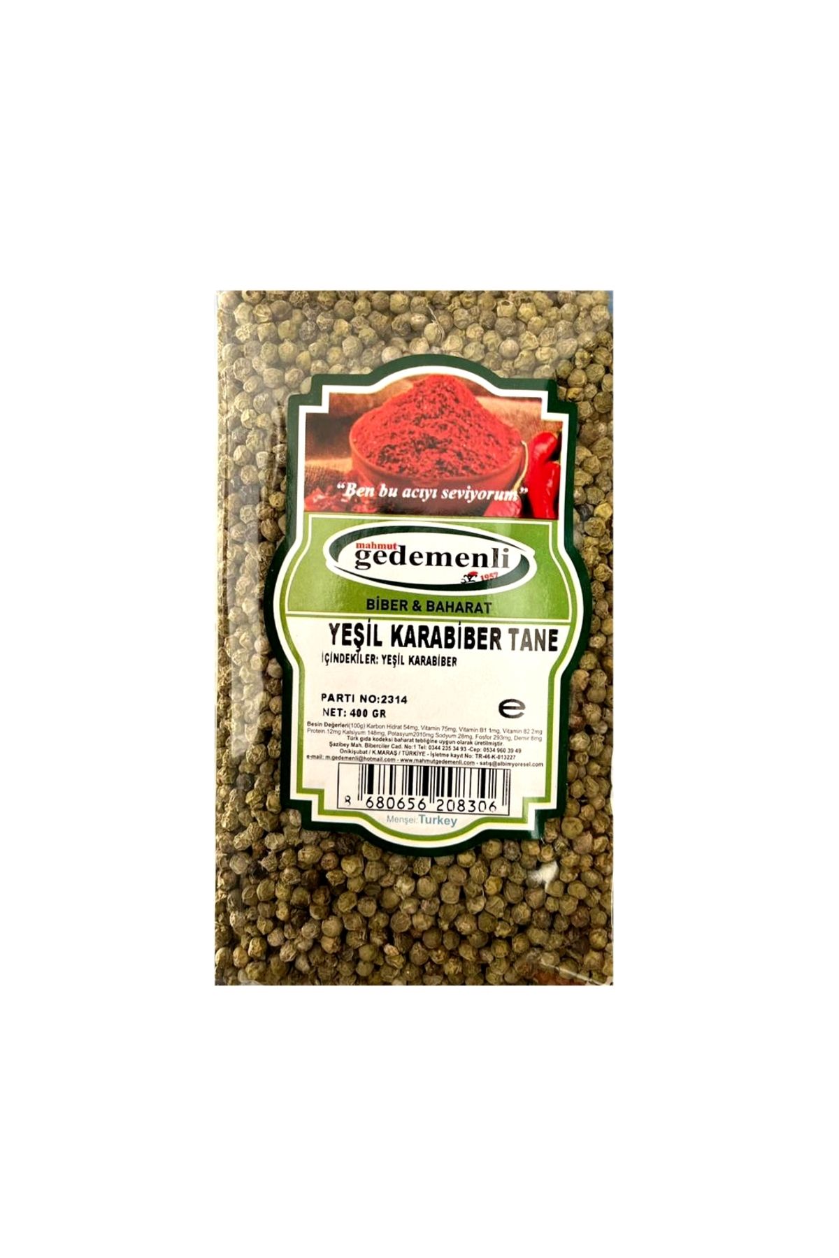 GEDEMENLİ YEŞİL KARABİBER TANE 400 GR