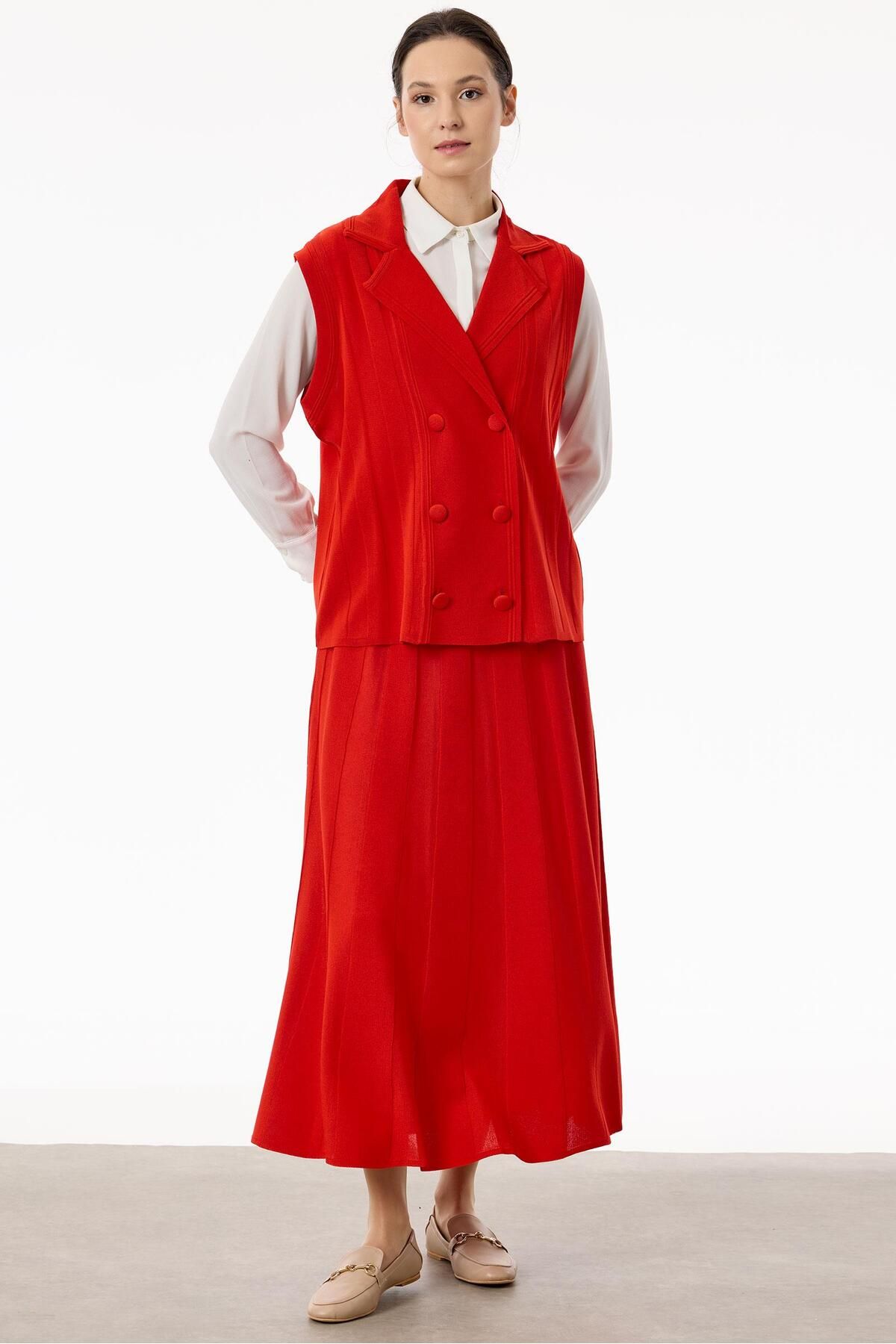 Tığ Triko-Rayon Vest Skirt Set - Mercan 2