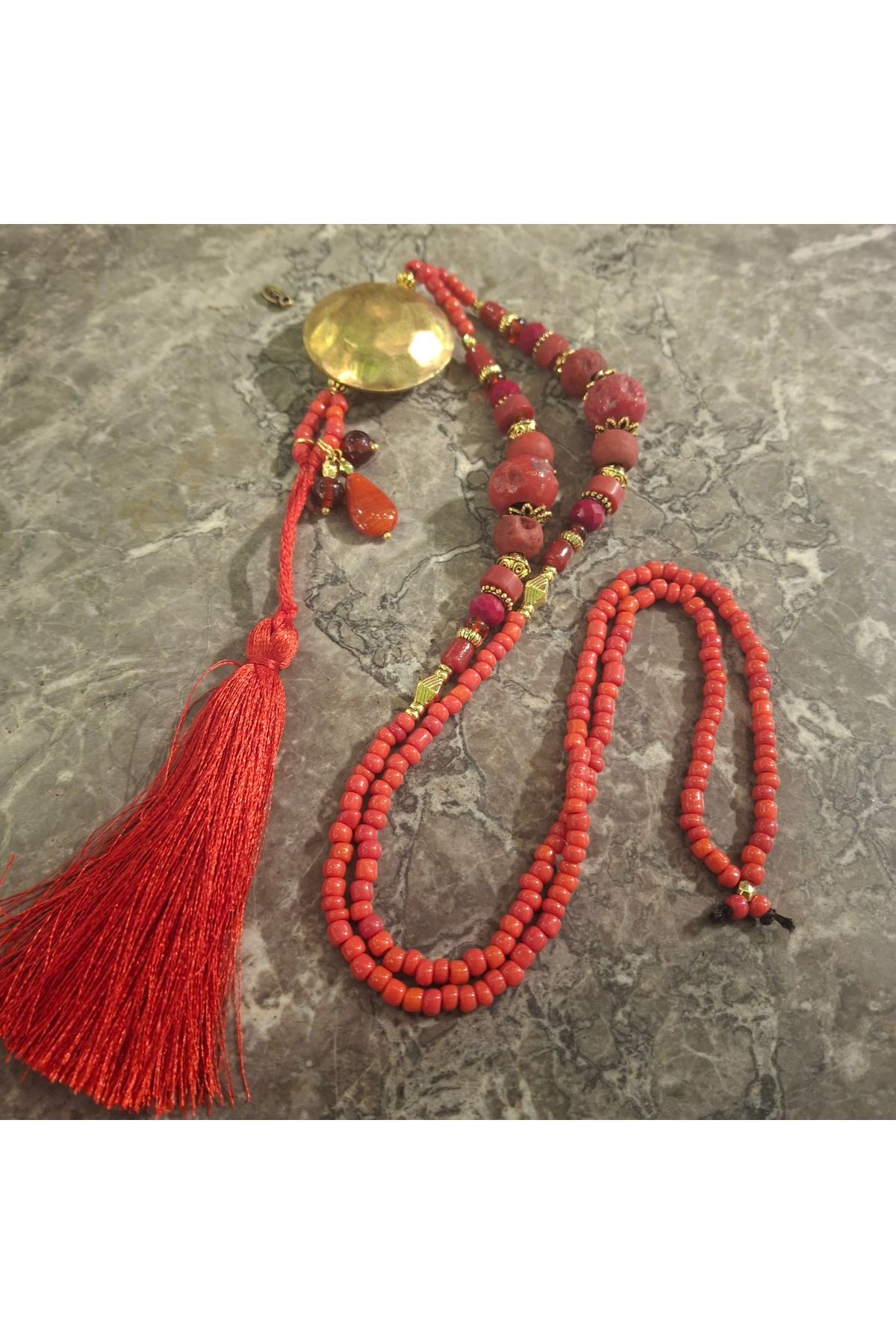 azra takı tasarım-In Our New Model - Colossal Materials & Long Necklace: Coral & Lava Stone, Handmade 1