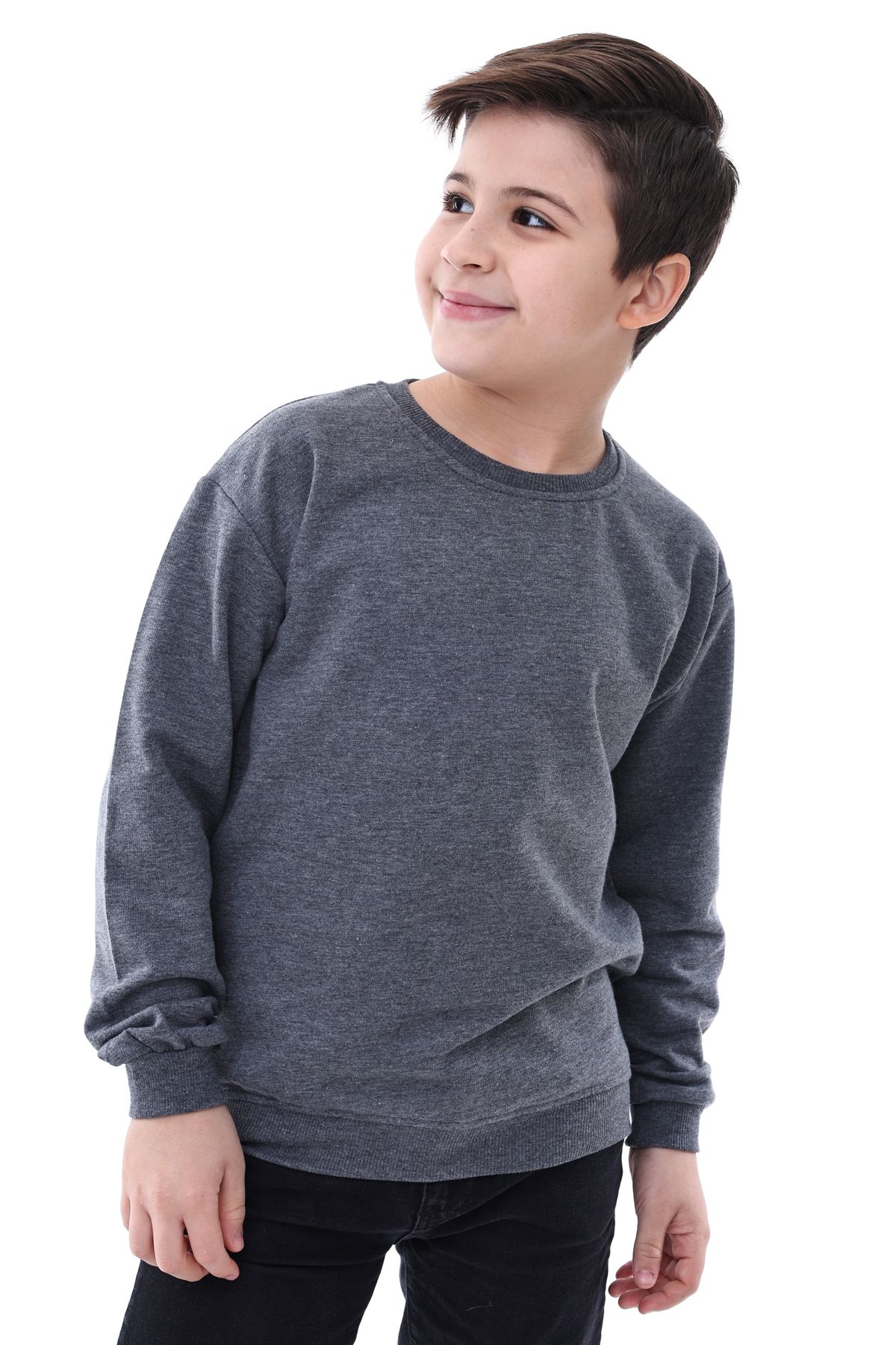 Basic Bisiklet Yaka Şardonlu Çocuk Sweatshirt 3-10 Yaş Antrasit