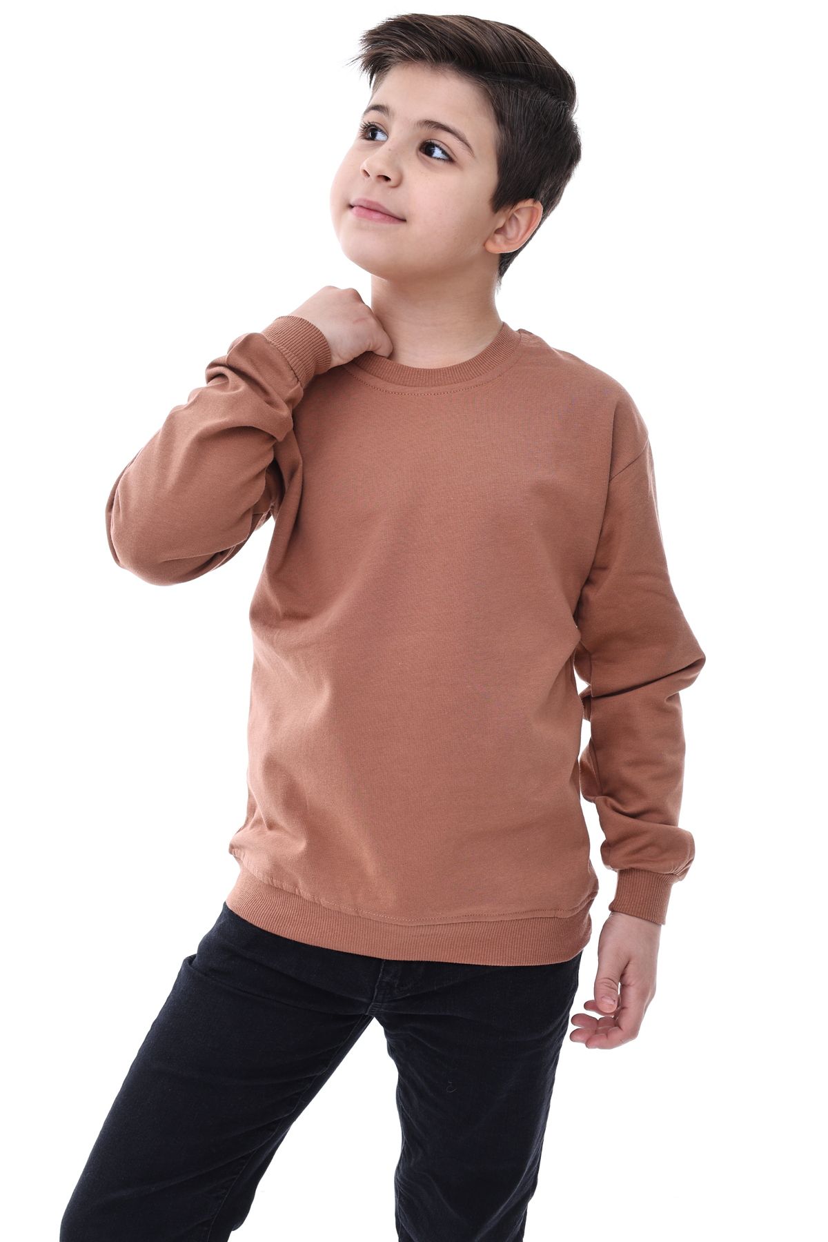 Basic Bisiklet Yaka Şardonlu Çocuk Sweatshirt 3-10 Yaş Kahverengi