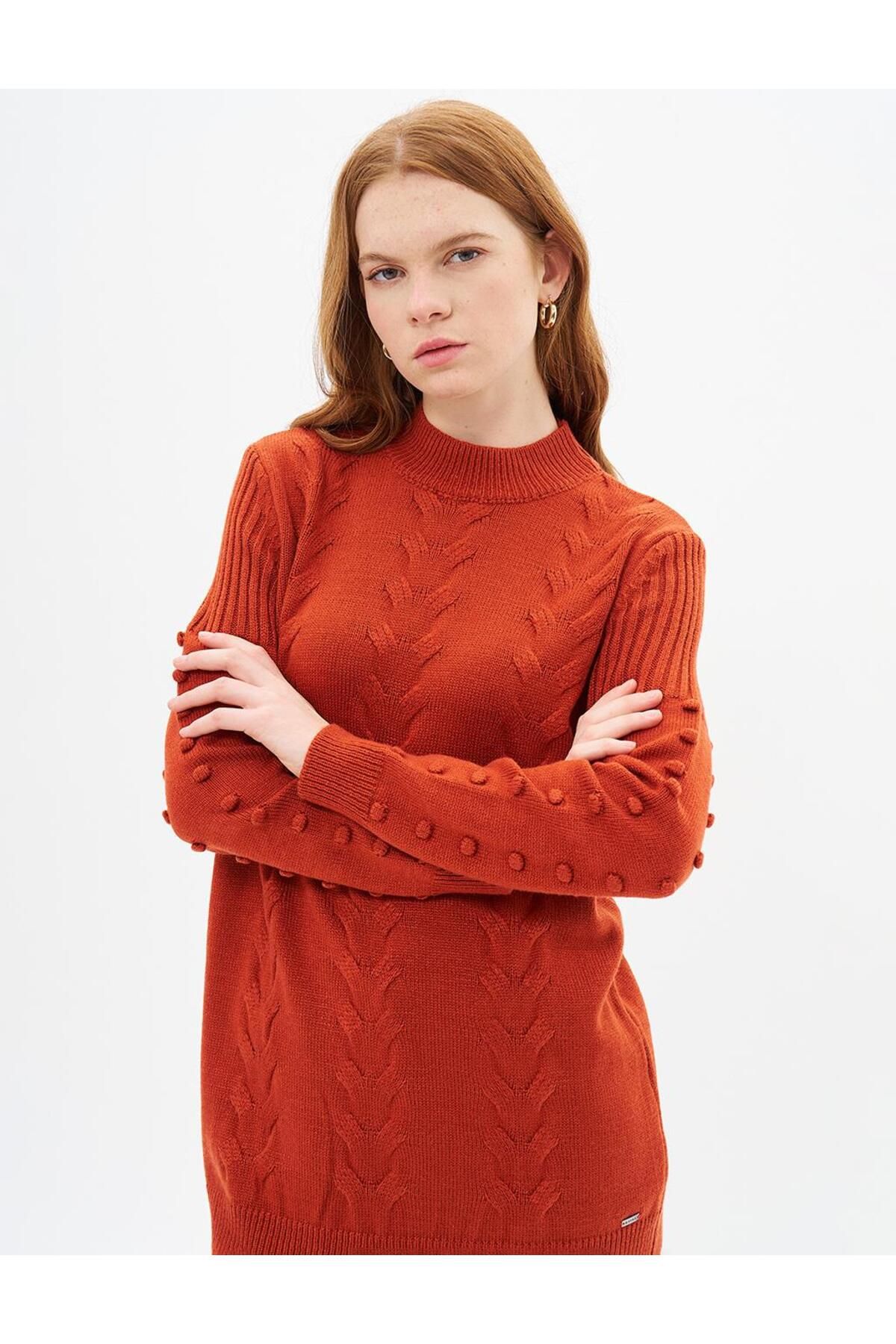 Kayra-Brick Colored Knitted Patterned Half Turtleneck Knitwear Tunic 1