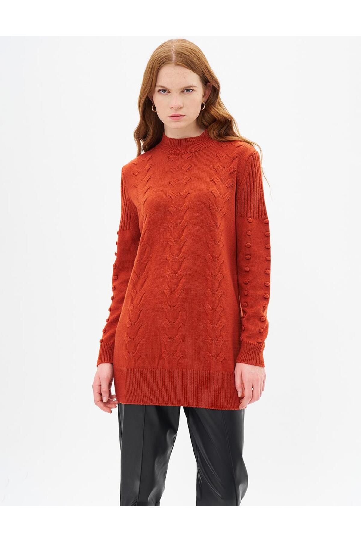 Kayra-Brick Colored Knitted Patterned Half Turtleneck Knitwear Tunic 5