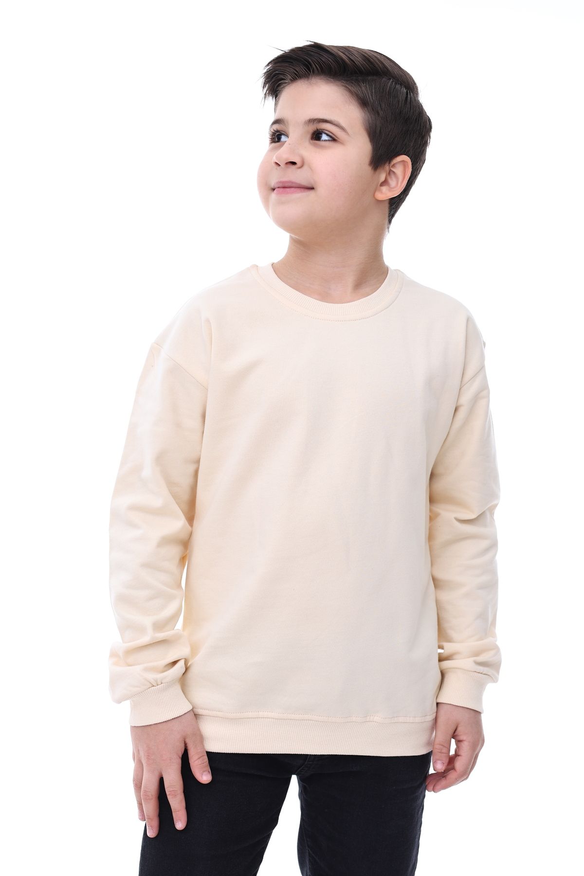 Basic Bisiklet Yaka Şardonlu Çocuk Sweatshirt 3-10 Yaş Krem