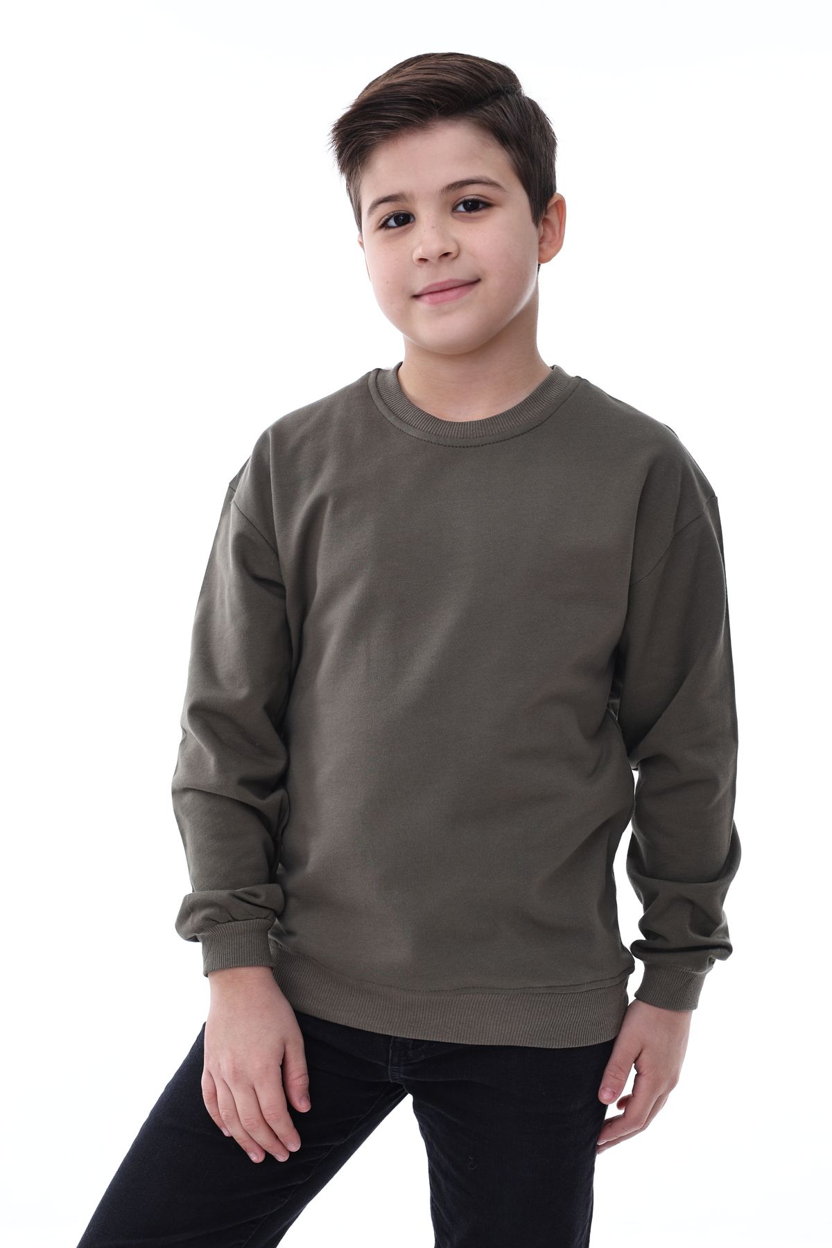 Basic Bisiklet Yaka Şardonlu Çocuk Sweatshirt 3-10 Yaş Haki