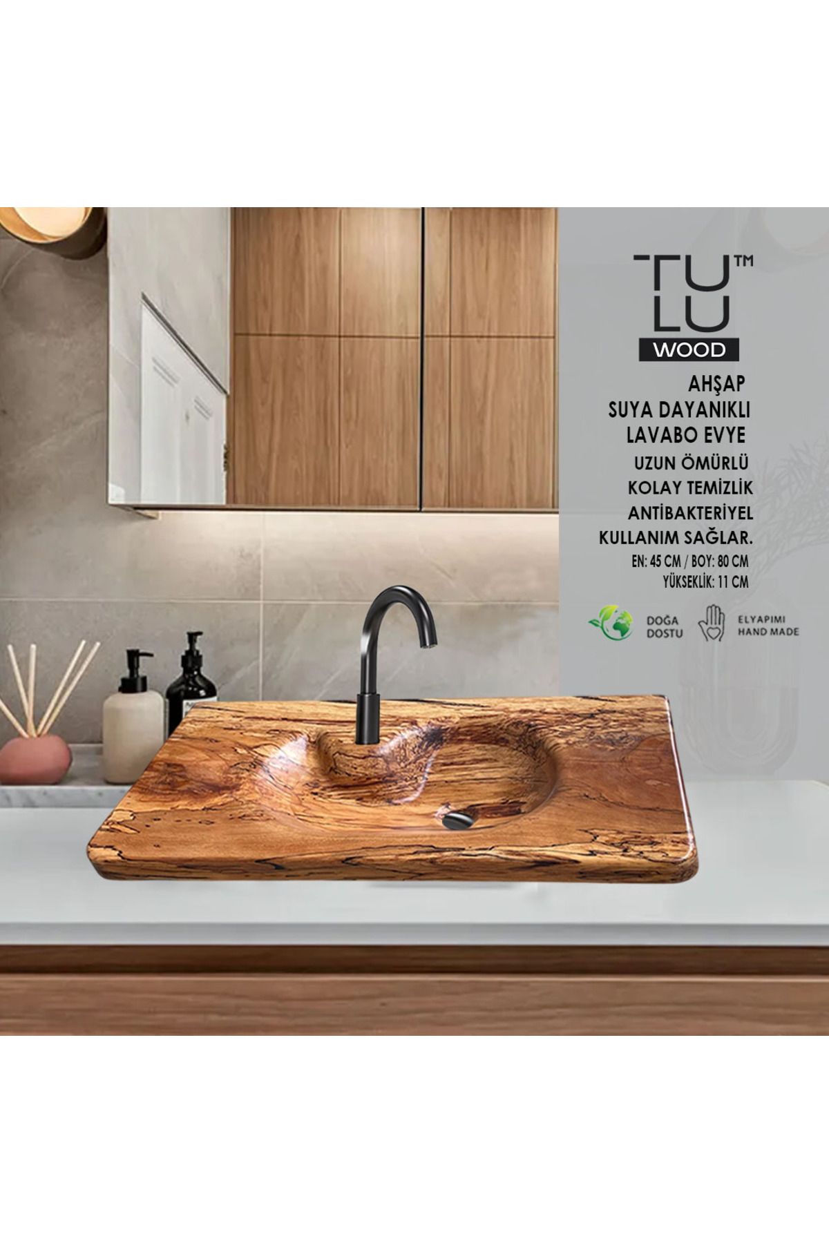 Tuluwood AHŞAP SUYA DAYANIKLI LAVABO DİKDÖRTGEN / EVYE