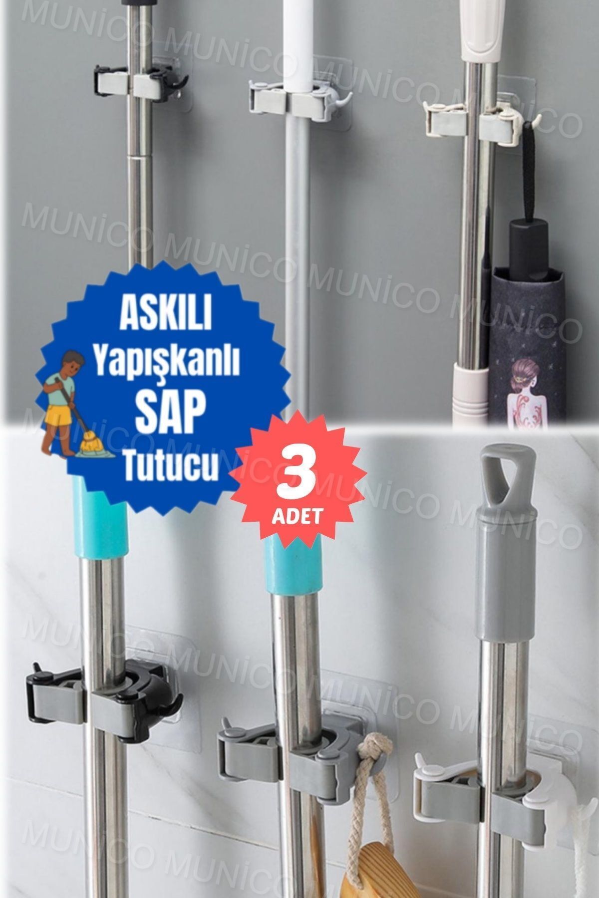 teknotrust 3'lü Fırça ve Mop Askısı, Duvara Monte, Yapışkanlı, Mutfak ve Banyo Temizliği