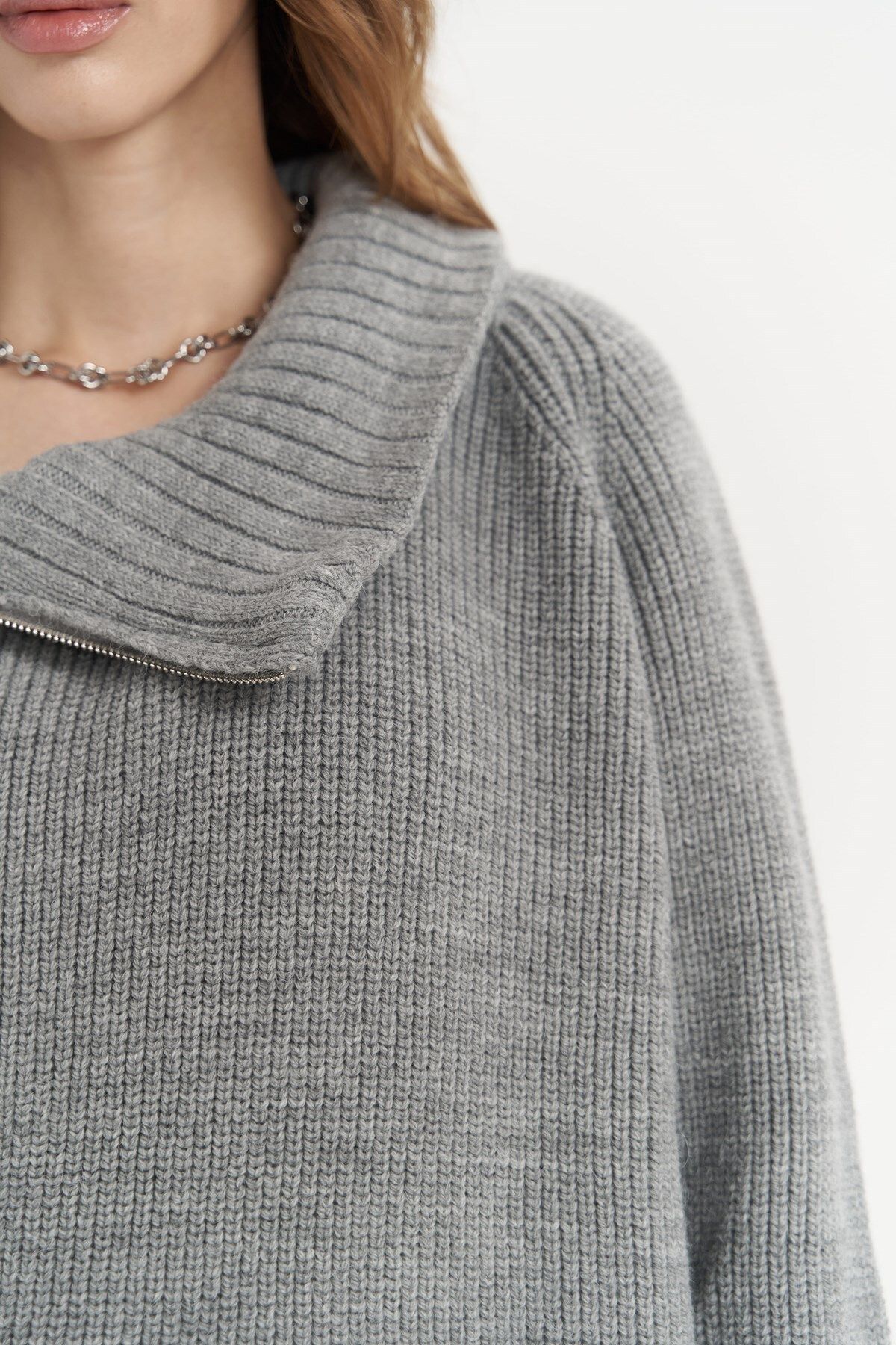 MAİ COLLECTİON-Saphira Zipper Detail Gray Knitwear Sweater 6