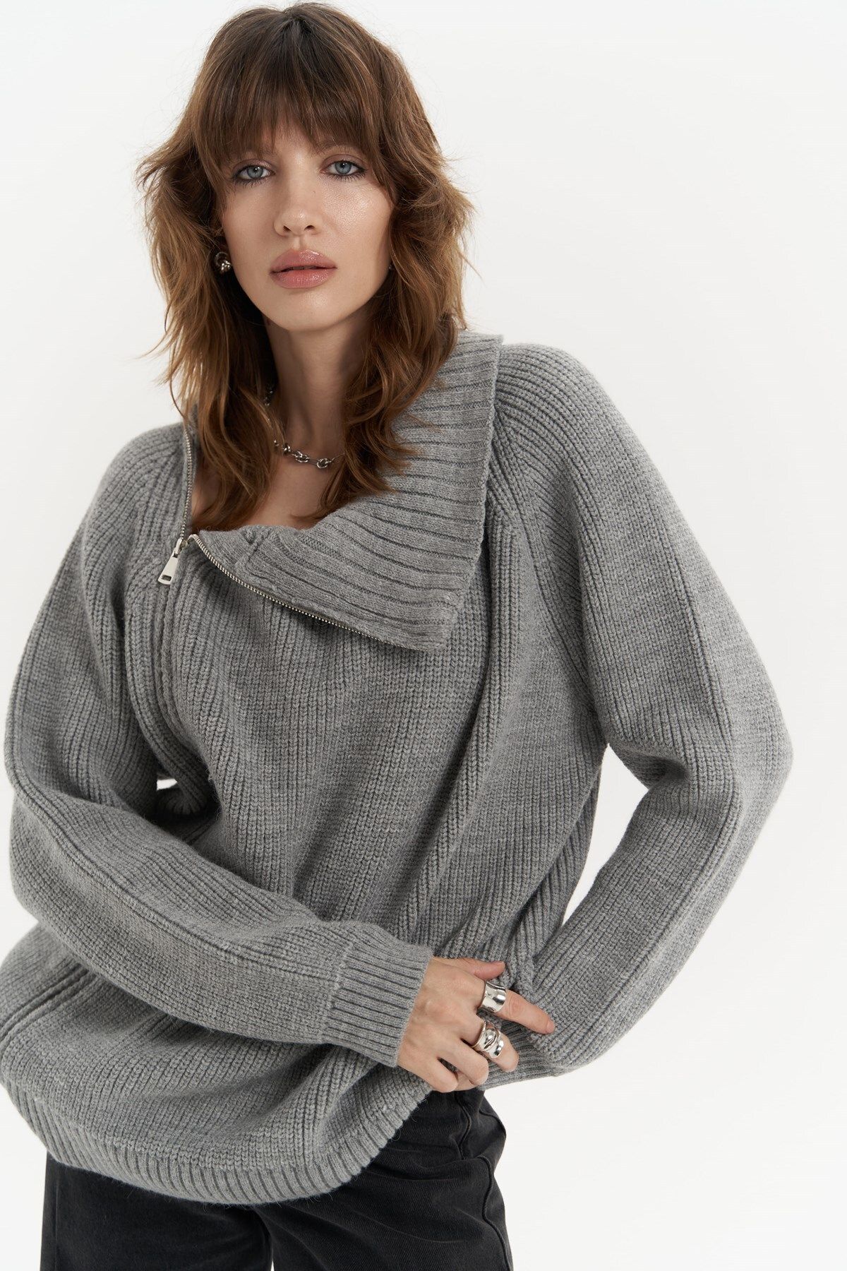 MAİ COLLECTİON-Saphira Zipper Detail Gray Knitwear Sweater 1