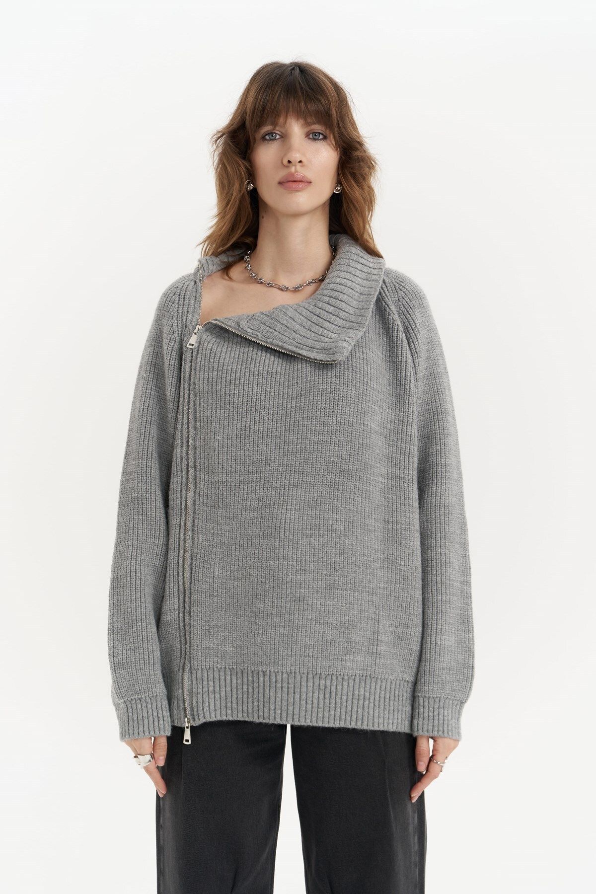 MAİ COLLECTİON-Saphira Zipper Detail Gray Knitwear Sweater 2