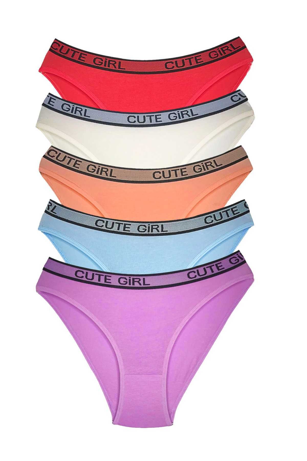 Mu Art 5 Adet Beli Yazılı Pamuklu Kalın Lastik Kadın Slip Külot