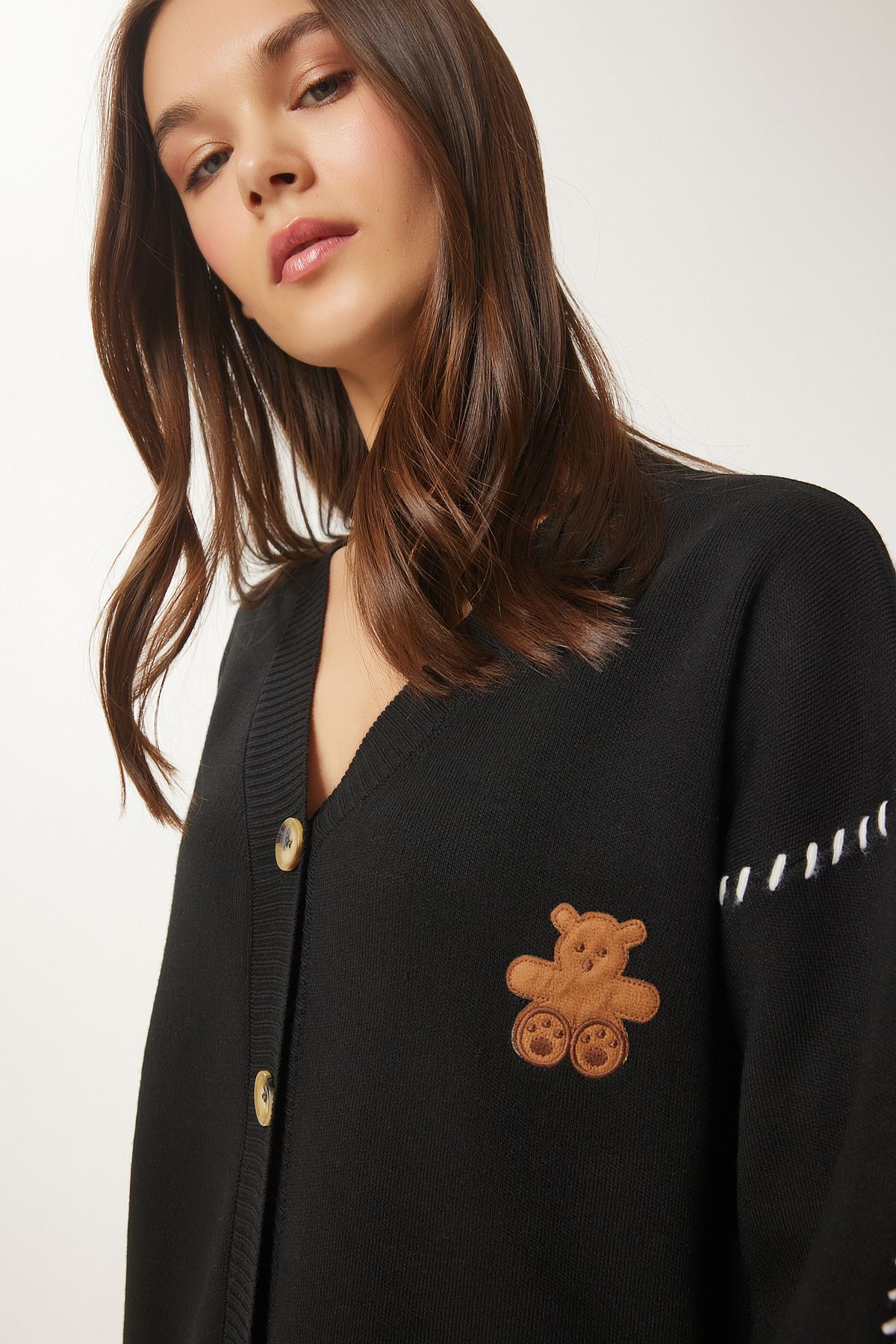 Lovelyİstanbul-Black Knitwear Cardigan - Teddy Bear Embroidered Lyy0081 3