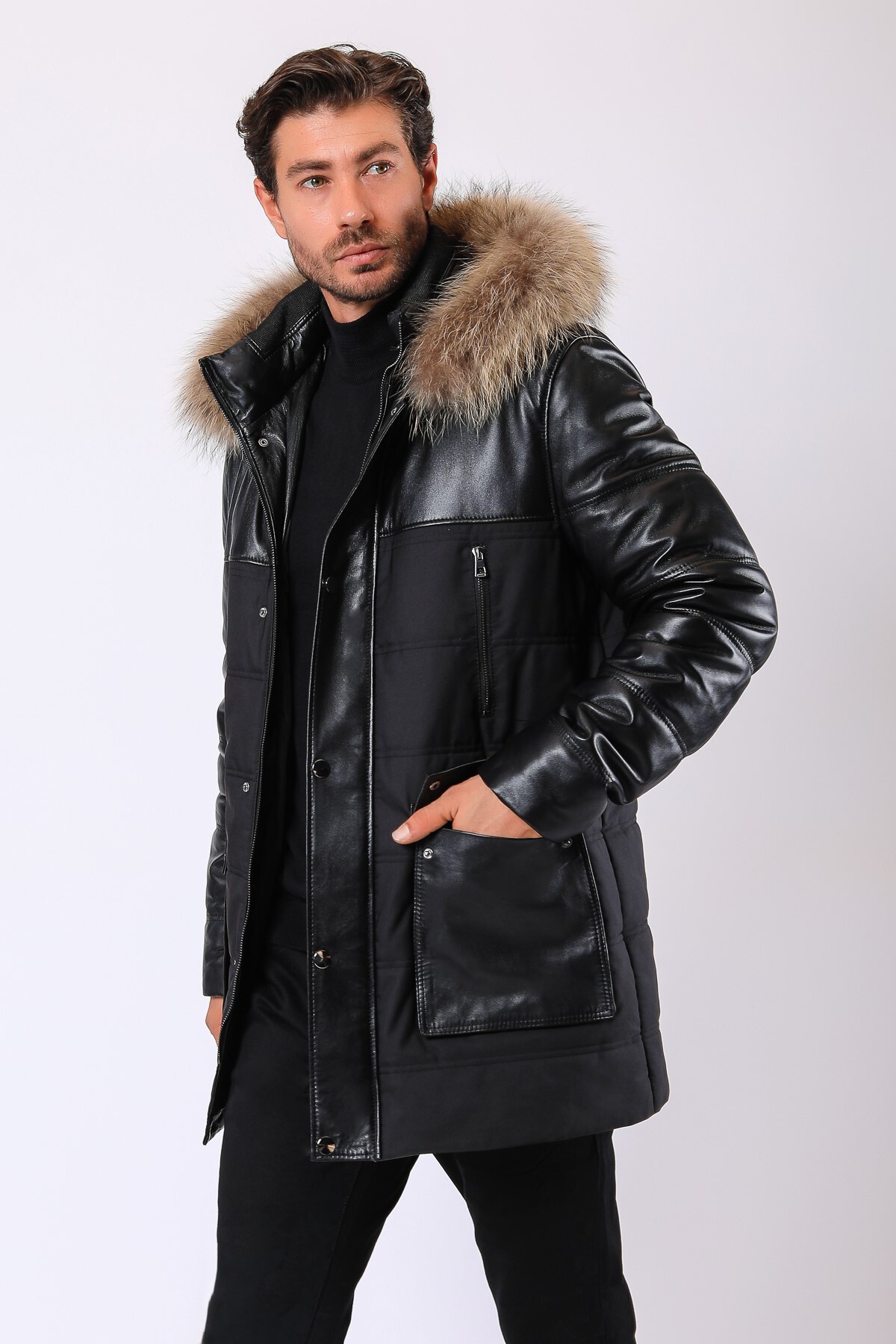 Leather Club Siyah Arthur Kürk Aksesuarlı Hakiki Deri Kaban görsel 2