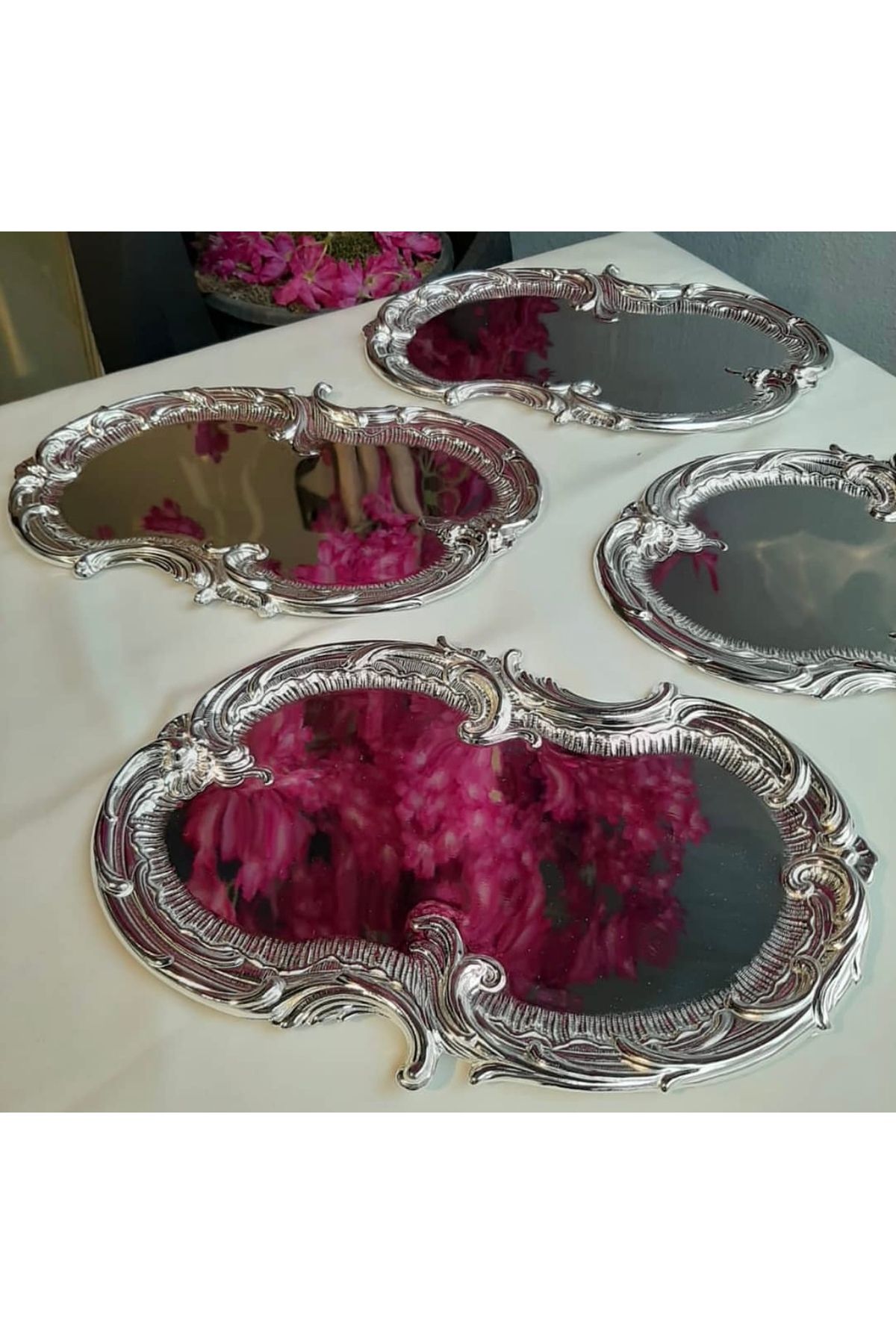 SEVA ÇELİK-3 Pieces Silver Color Stainless Steel - Lace Pattern Artnova Presentation Tray 1