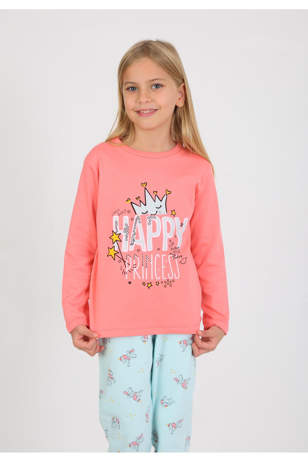 vitmo Kız Çocuk Uzun Kollu %100 Pamuklu Pijama Takımı Happy Princess Nar fotoğrafı 2 (önizleme)