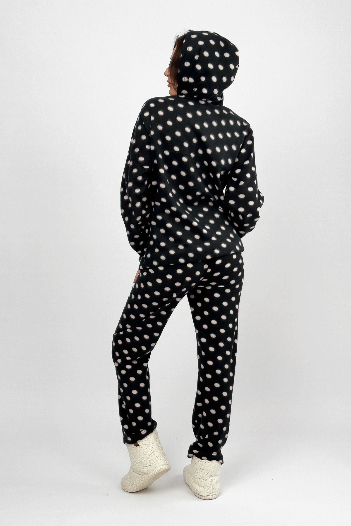 Betimoda-Winter Women's Pajamas Set - Fleece Black and White Polka Dot with Waist Hood and Elastic 7