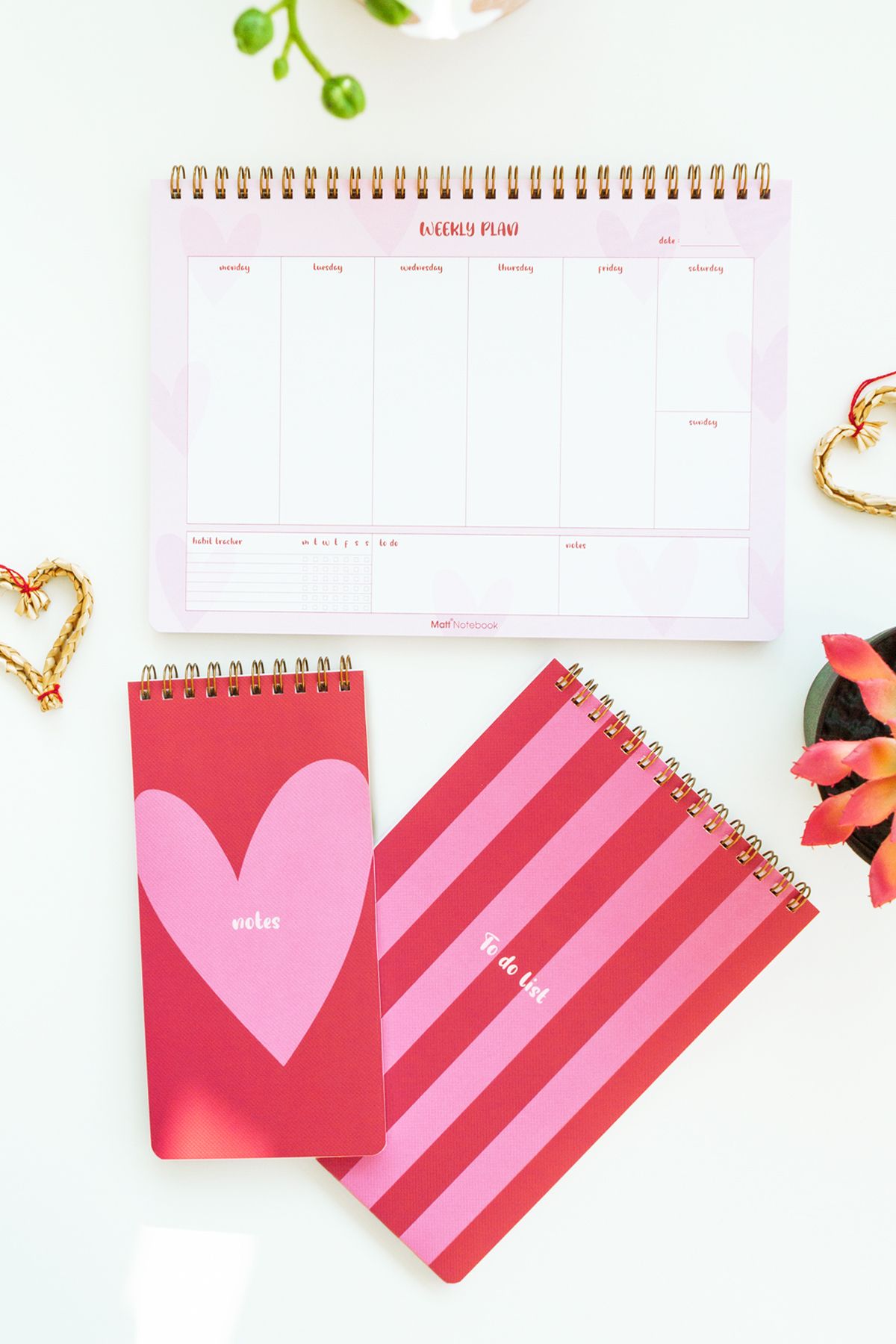 Matt Notebook-Set of 3 Spiral Desktop Planners - Hearts 2