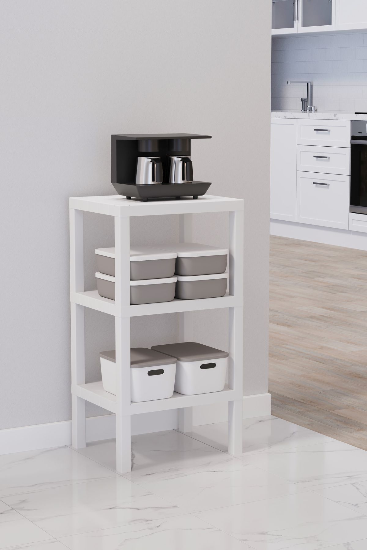 kitchen trend-Organizator de baie din plastic Ombeg cu 3 niveluri - Ghiveci, Raft pentru cărți Alb 3