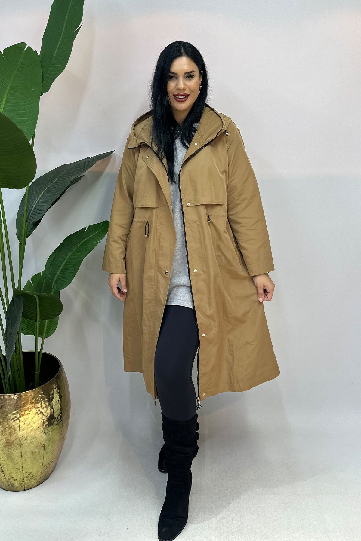 GÖKSEL-Plus Size Trench with Hood - Tan 1