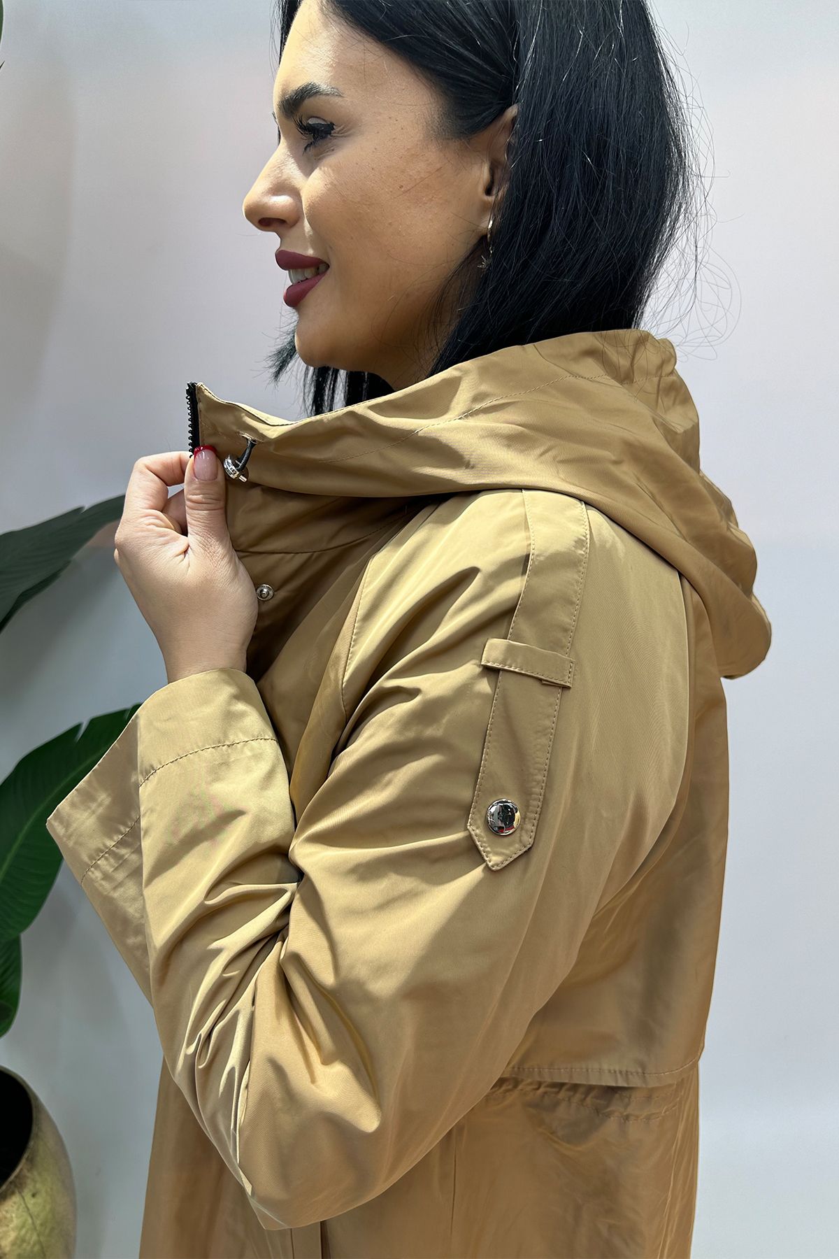 GÖKSEL-Plus Size Trench with Hood - Tan 5