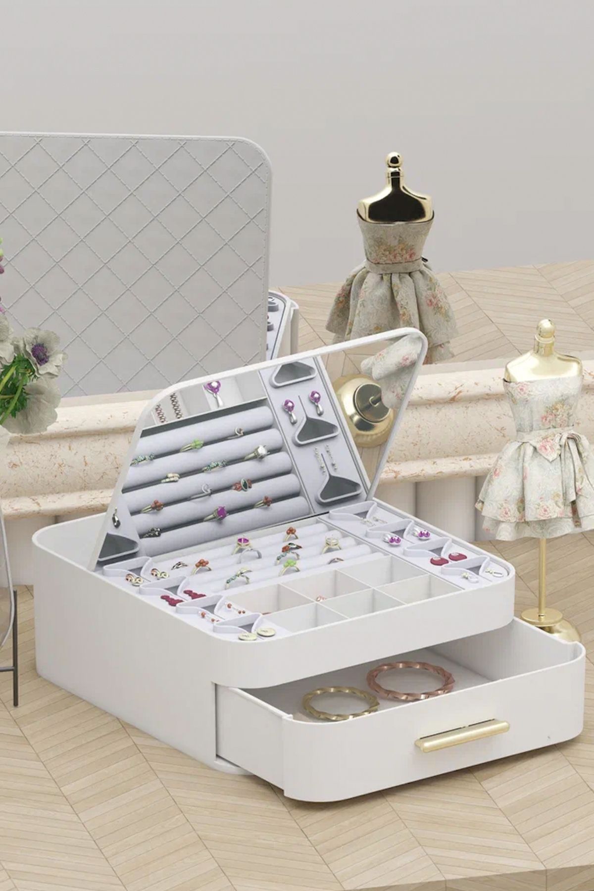 GİLLİ STORE-Multi-Compartment Makeup Organizer Jewelry Multipurpose Organizer with Drawers Mirror 5