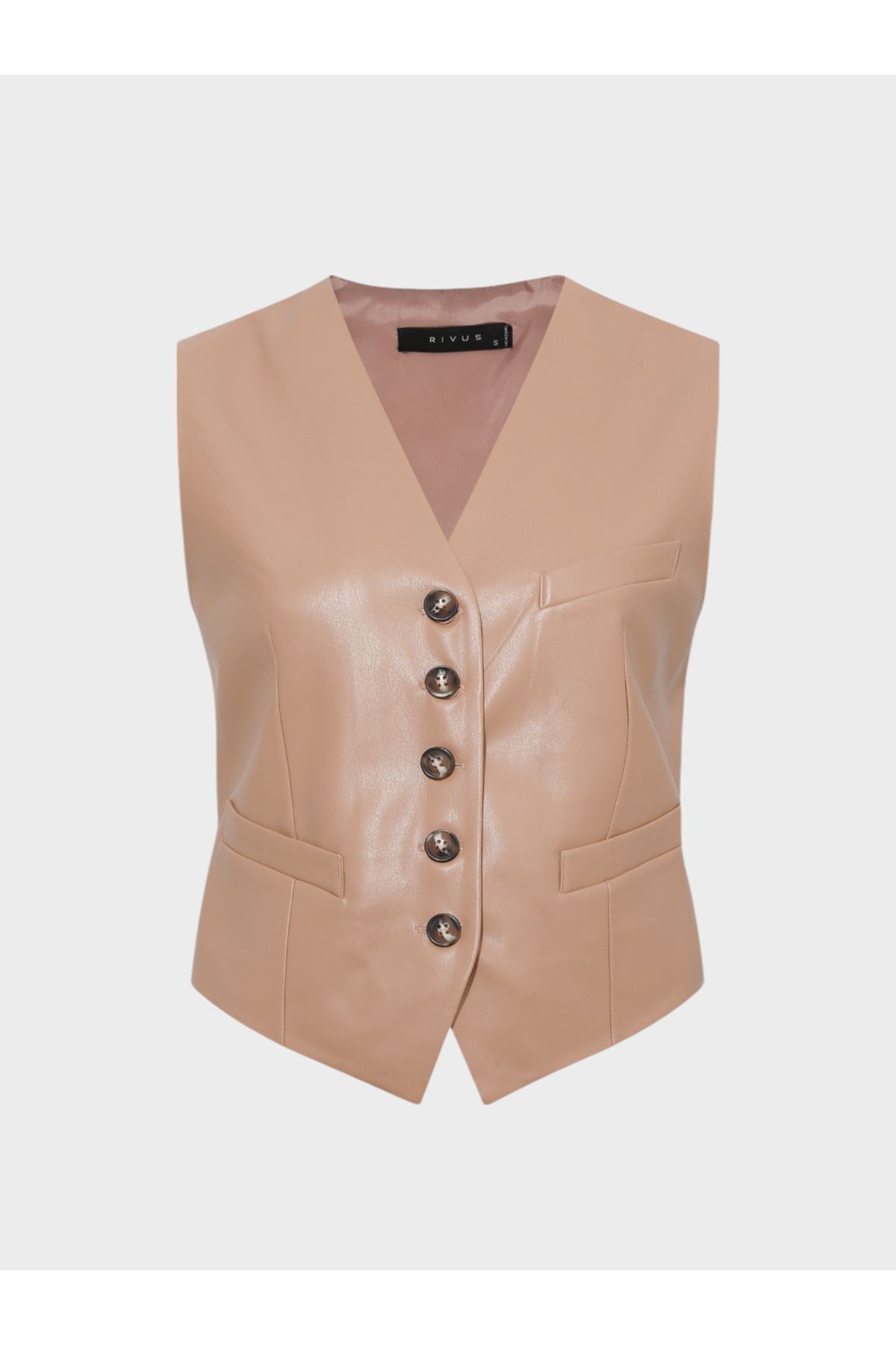 جلیقه چند رنگ زنانه جیب چرمی دقیق V NECK قهوه Rivus