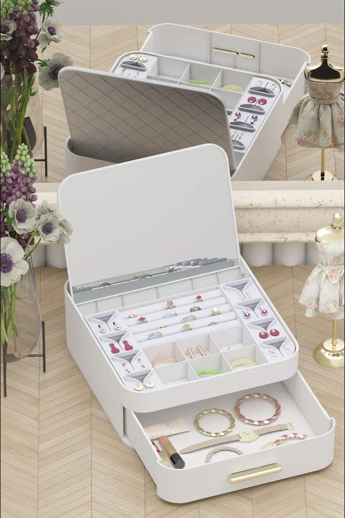 GİLLİ STORE-Multi-Compartment Makeup Organizer Jewelry Multipurpose Organizer with Drawers Mirror 4