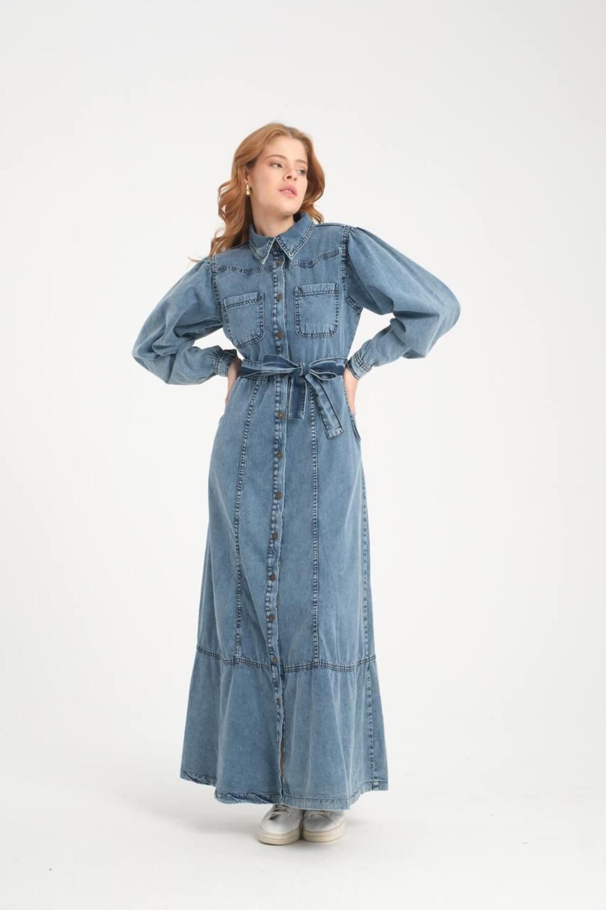 Cardella-Premium Quality Princess Sleeve Jeans Dress Belt Detailed Buttoned Denim Dress 3