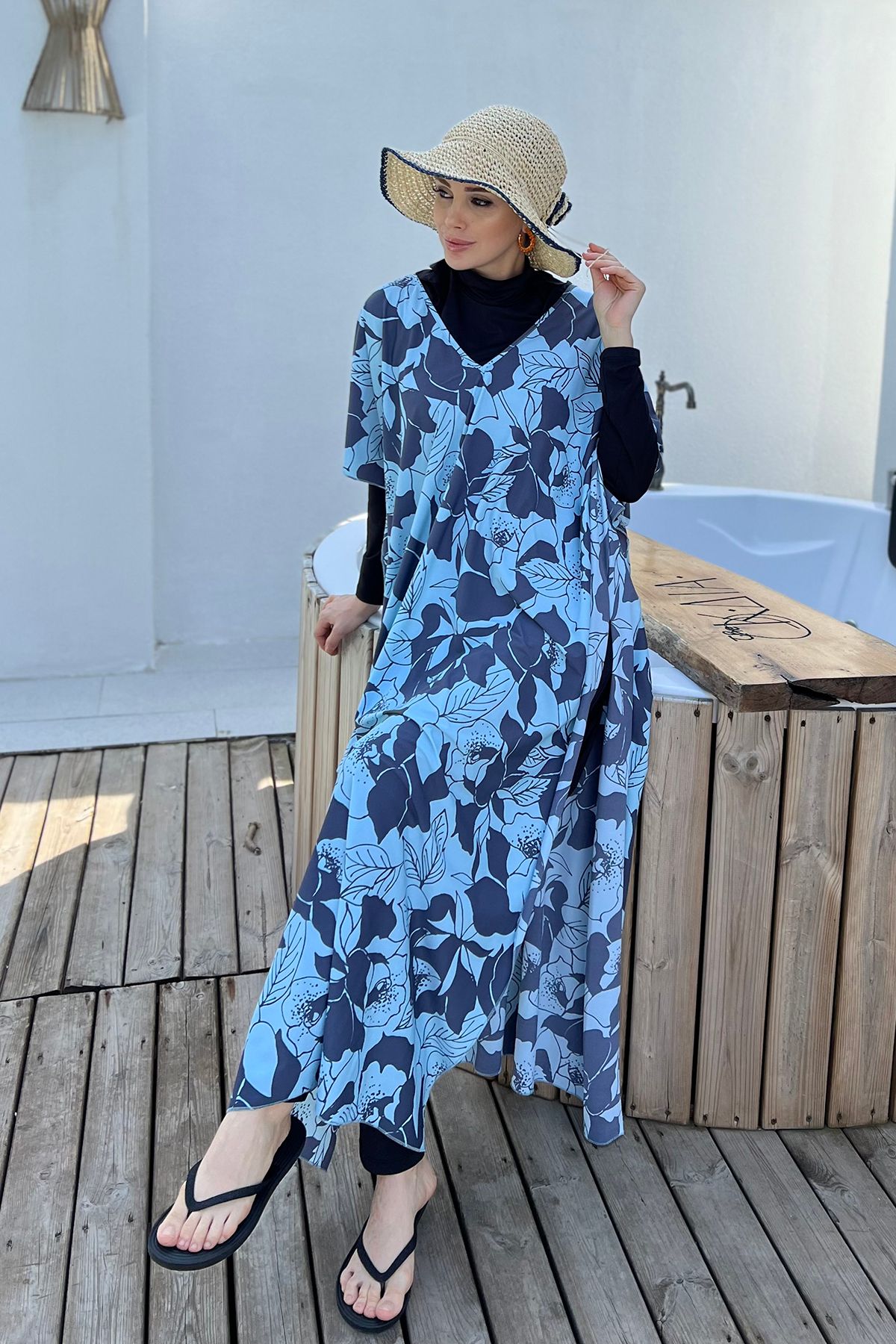 Remsa Mayo-Blue Patterned Single Kaftan Pareo - Remsa Hijab Swimsuit 430-316 4