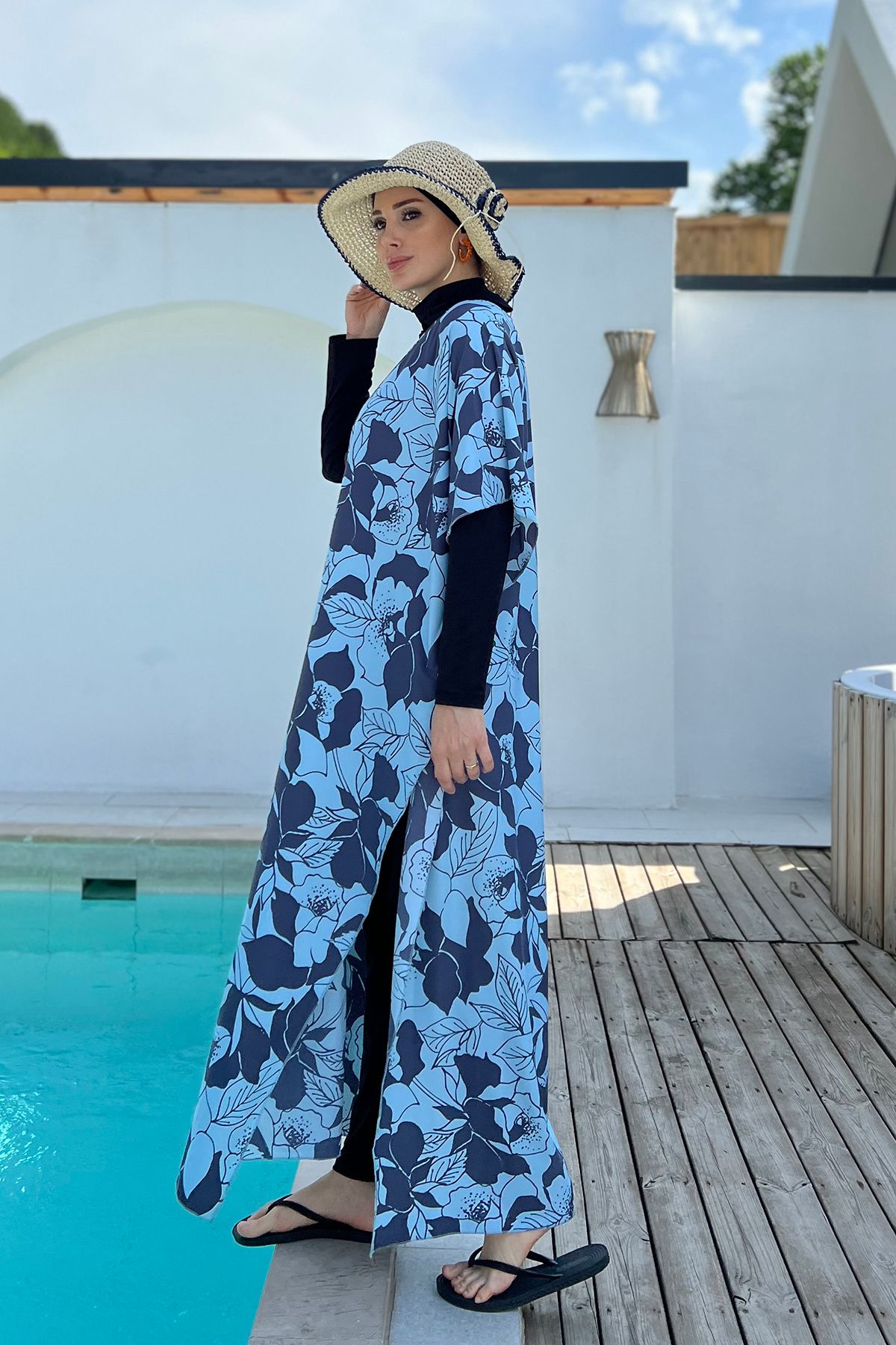 Remsa Mayo-Blue Patterned Single Kaftan Pareo - Remsa Hijab Swimsuit 430-316 8