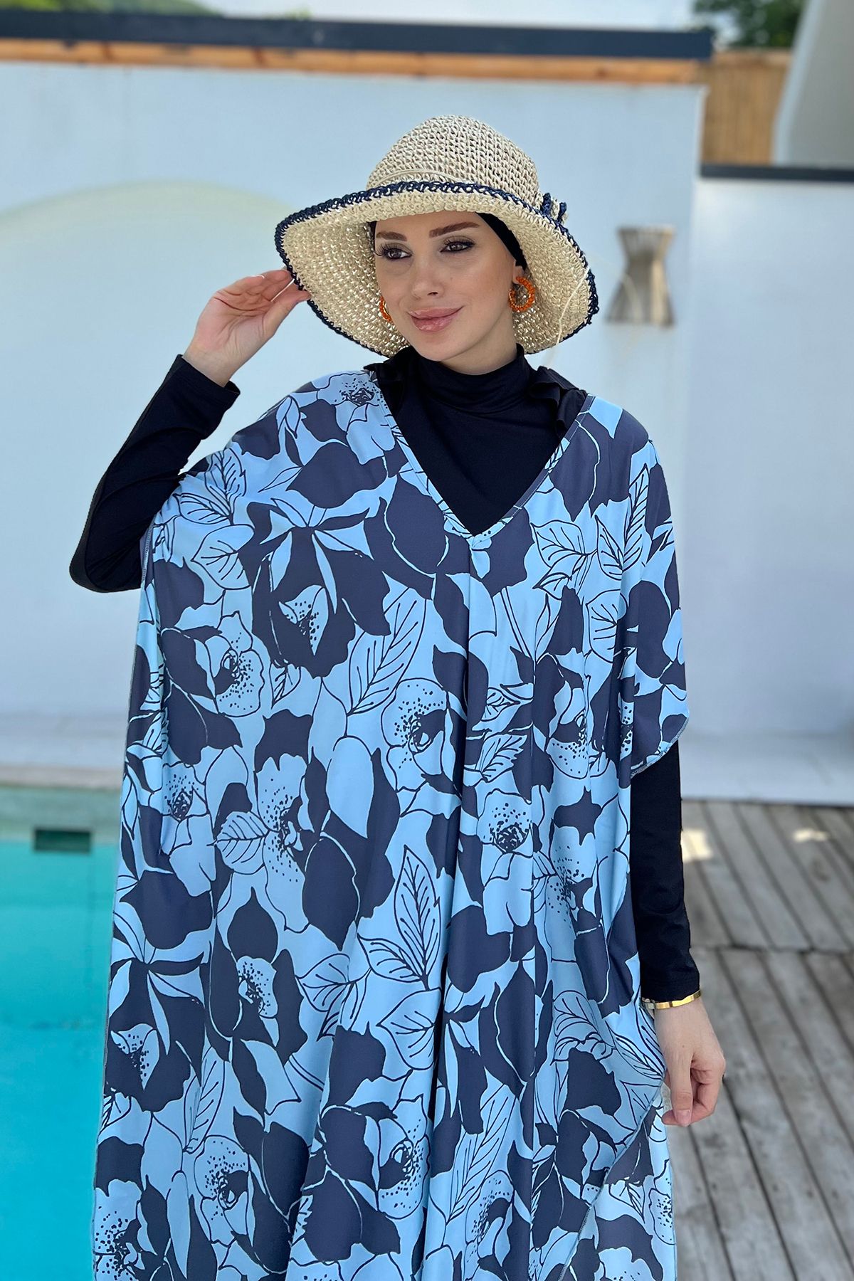 Remsa Mayo-Blue Patterned Single Kaftan Pareo - Remsa Hijab Swimsuit 430-316 1