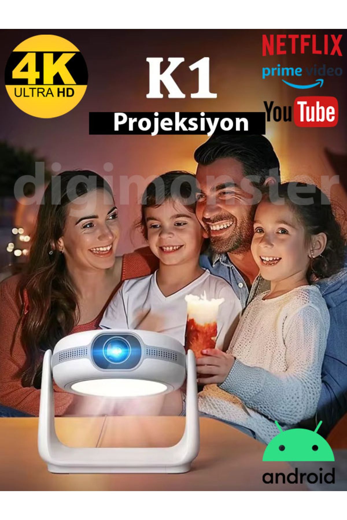 DigiMonster K1 Projektör 3 LED DLP HD Full 1080P Wifi 3D 4K İş Eğitim Eğkence Android Ekosistem