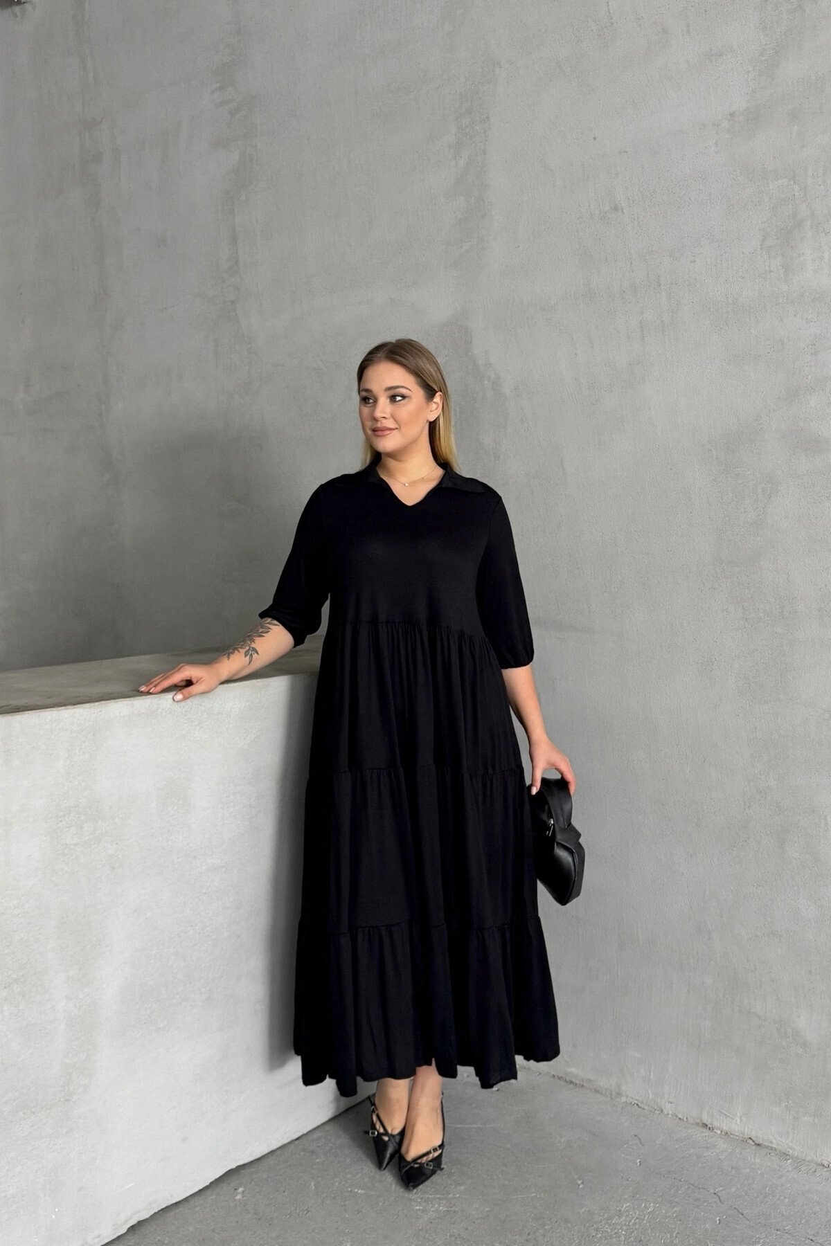 Stil Diva Büyük Beden V Yaka Yarım Kollu Beli Lastikli Uzun Elbise 302150 görsel 7