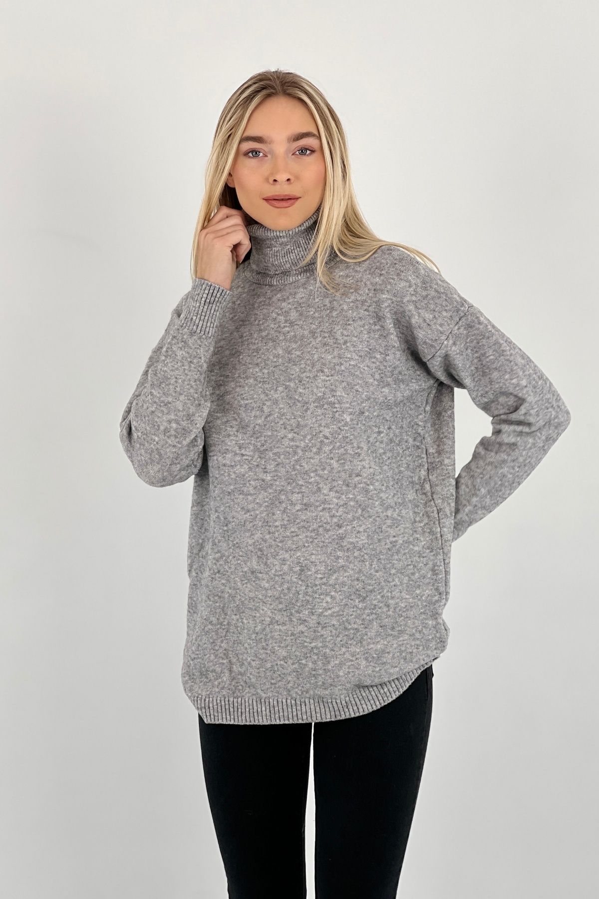 Miss Poem-Women's High-Top Winter Turtleneck Basic Gray Knitwear Sweater 3